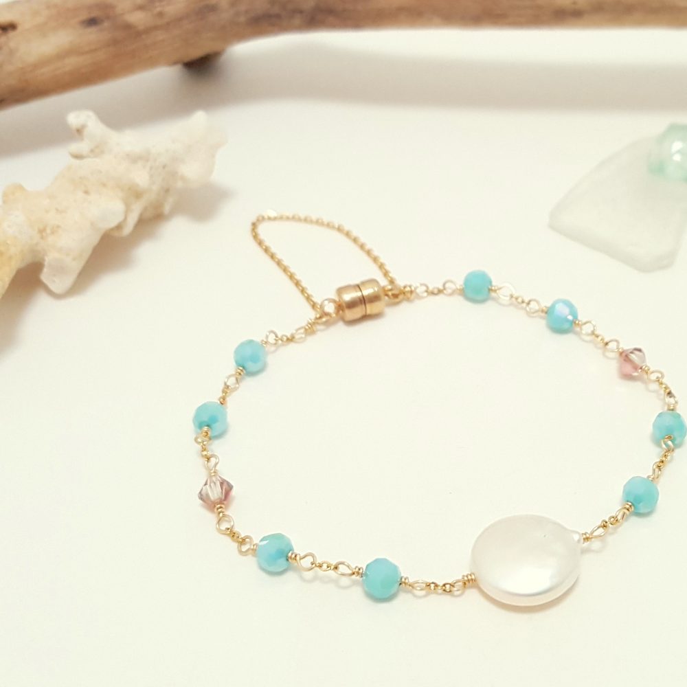 Aqua crystal and freshwater coin pearl earrings, necklace, and bracelet ...