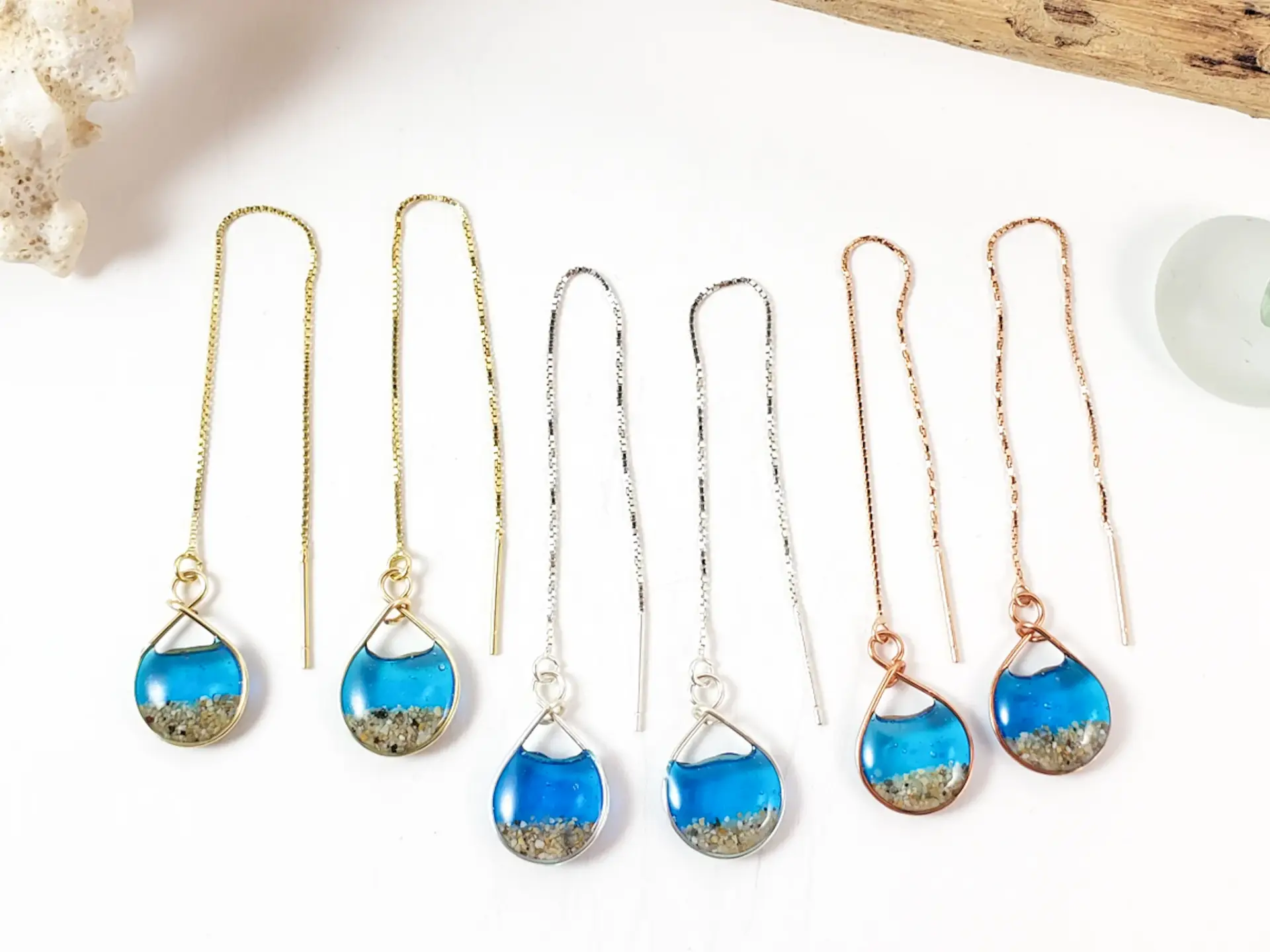 Marine blue water and sand threader earrings