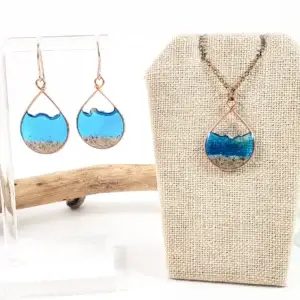 Marine blue water sand teardrop earrings and necklace-small size