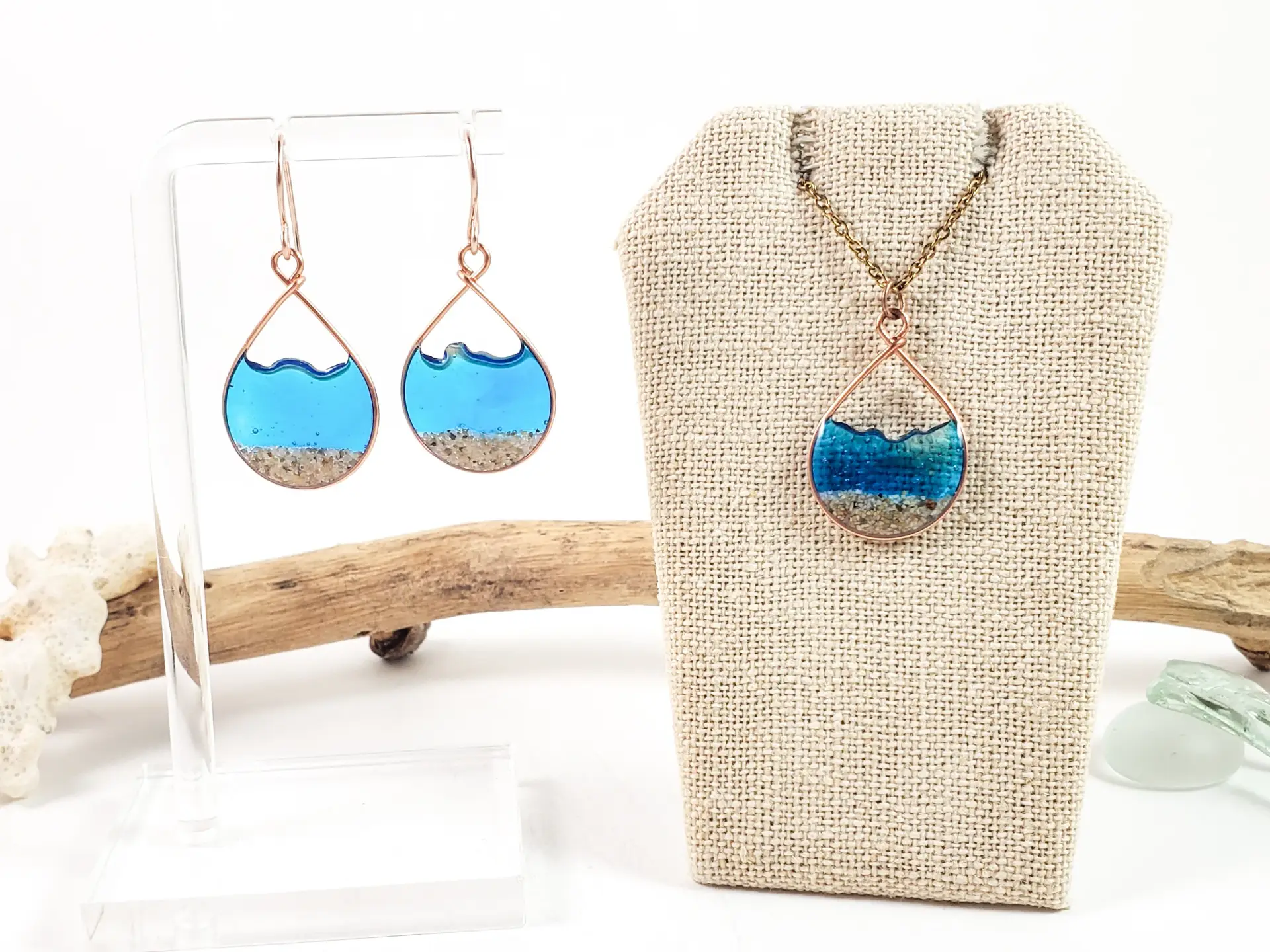 Marine blue water sand teardrop earrings and necklace-small size