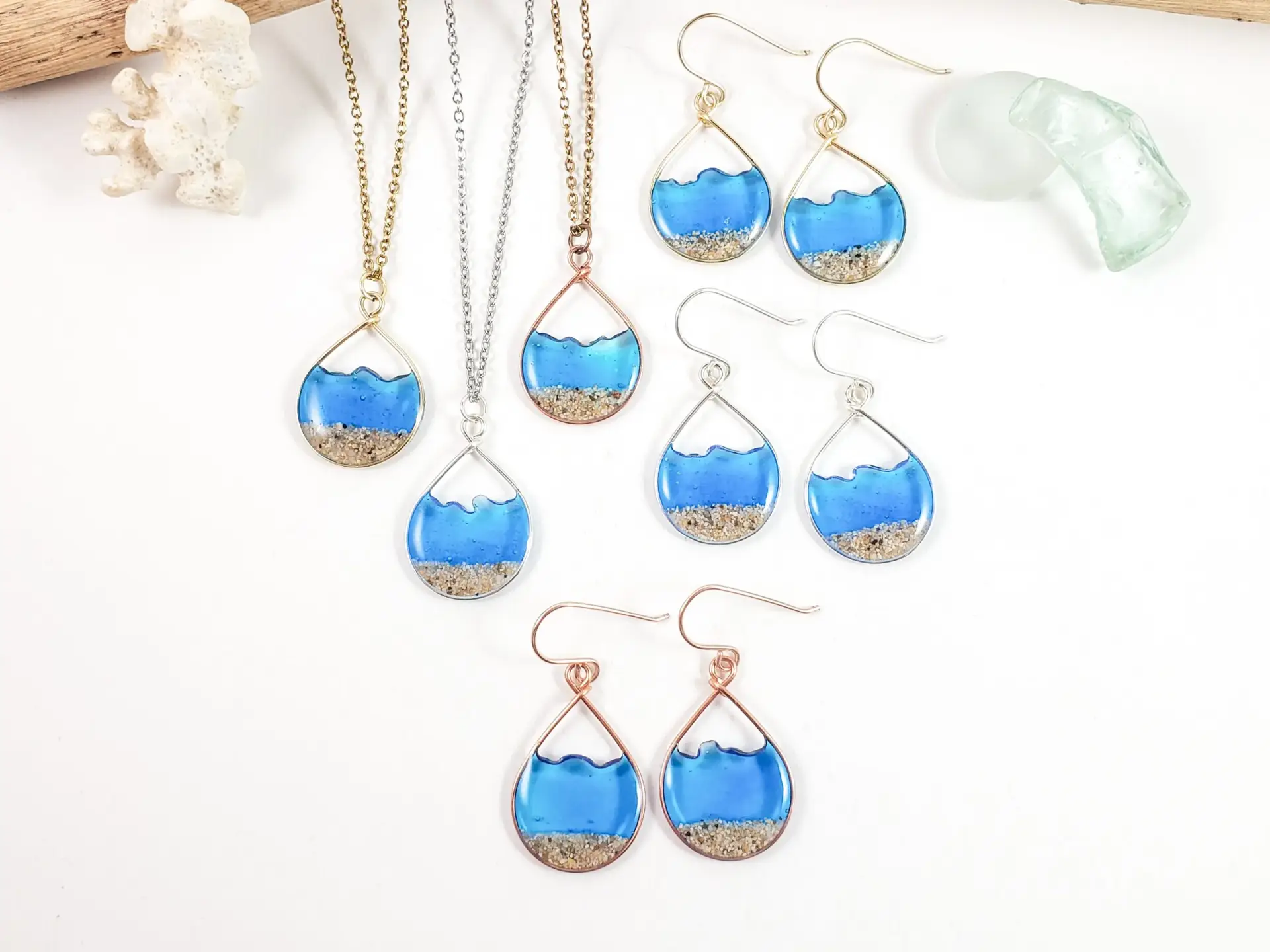 Marine blue water sand teardrop earrings and necklace-small size - Image 9