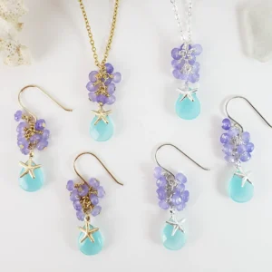 Aqua quartz purple jade and starfish earrings and necklace