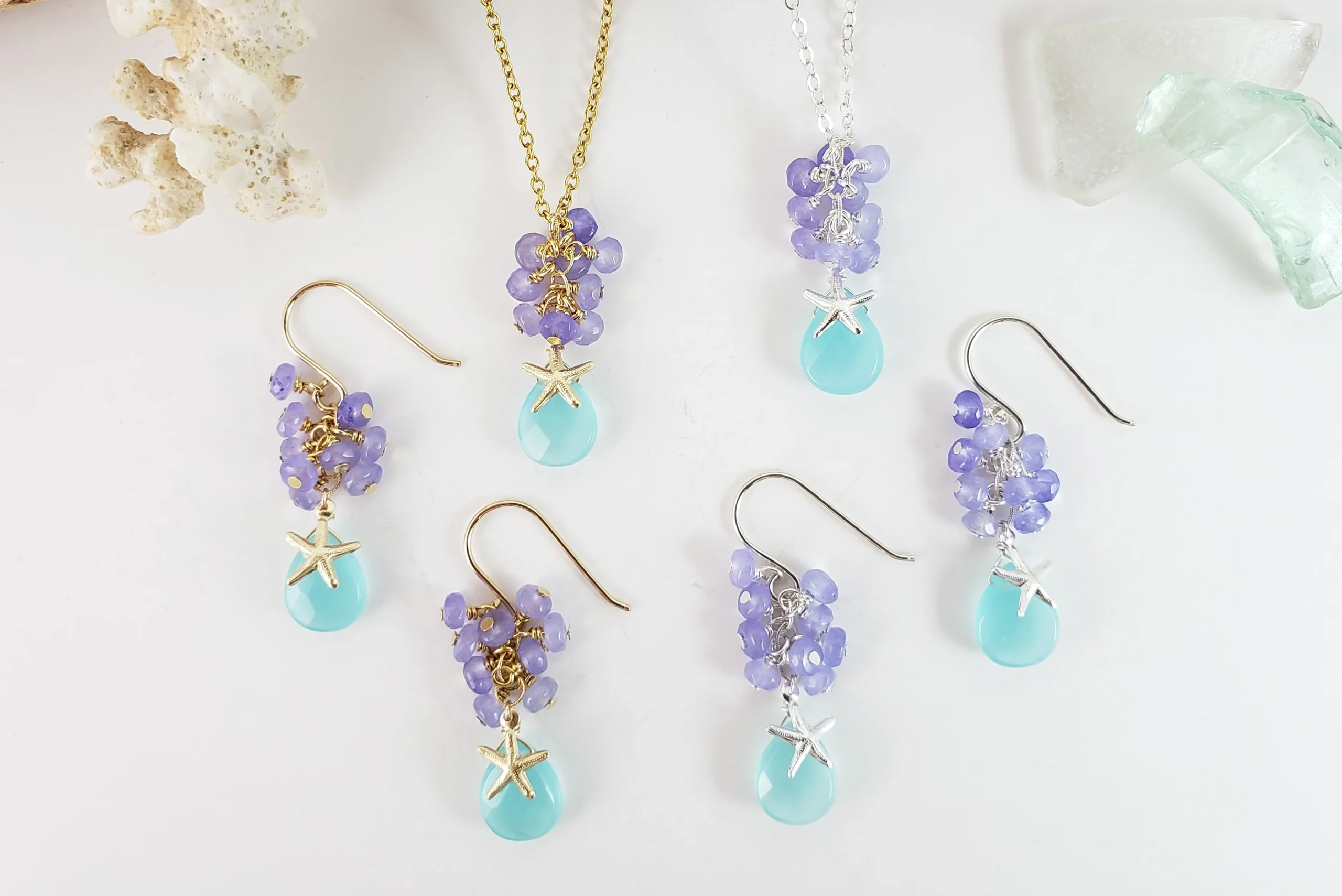Aqua quartz purple jade and starfish earrings and necklace