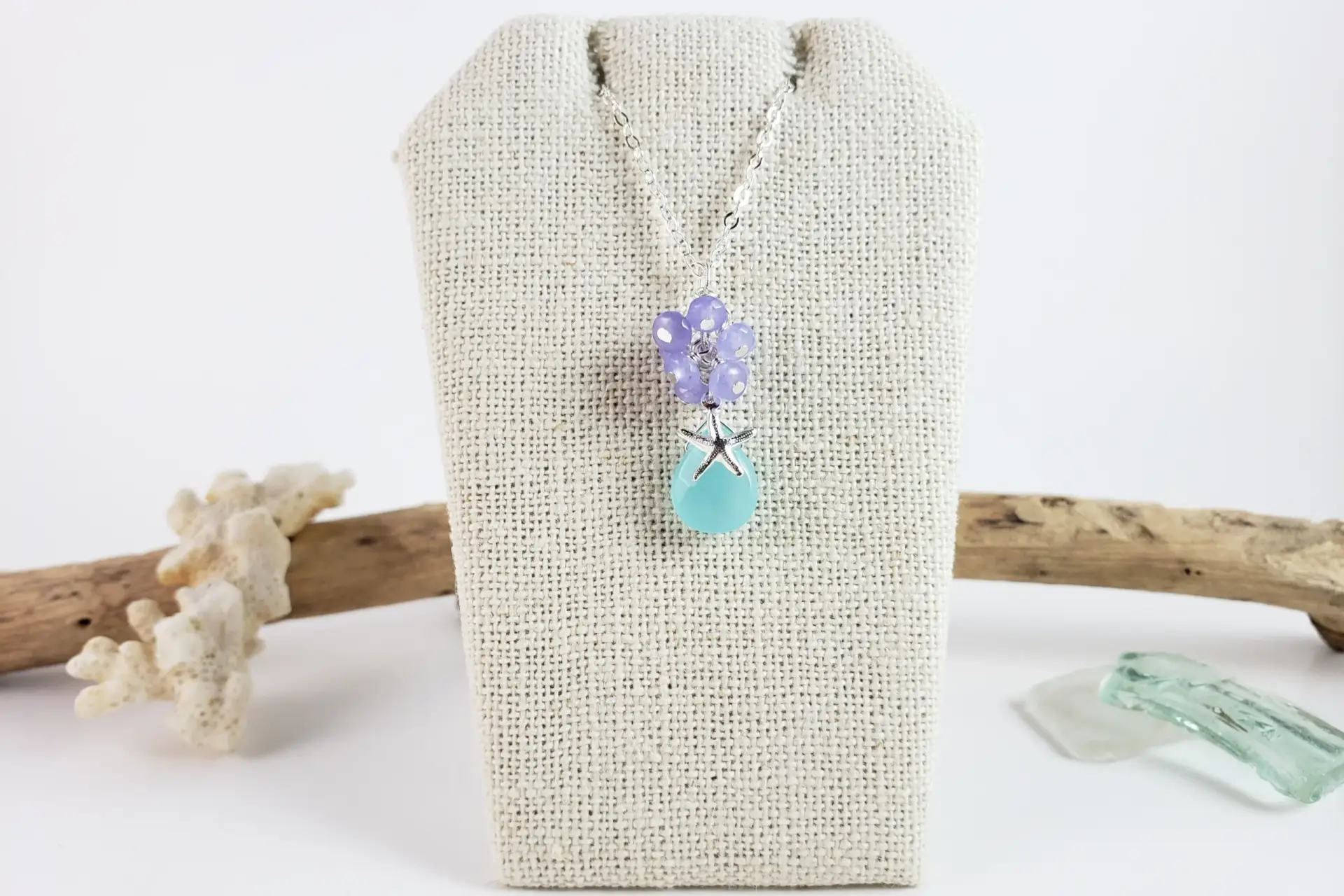Aqua quartz purple jade and starfish earrings and necklace - Image 8