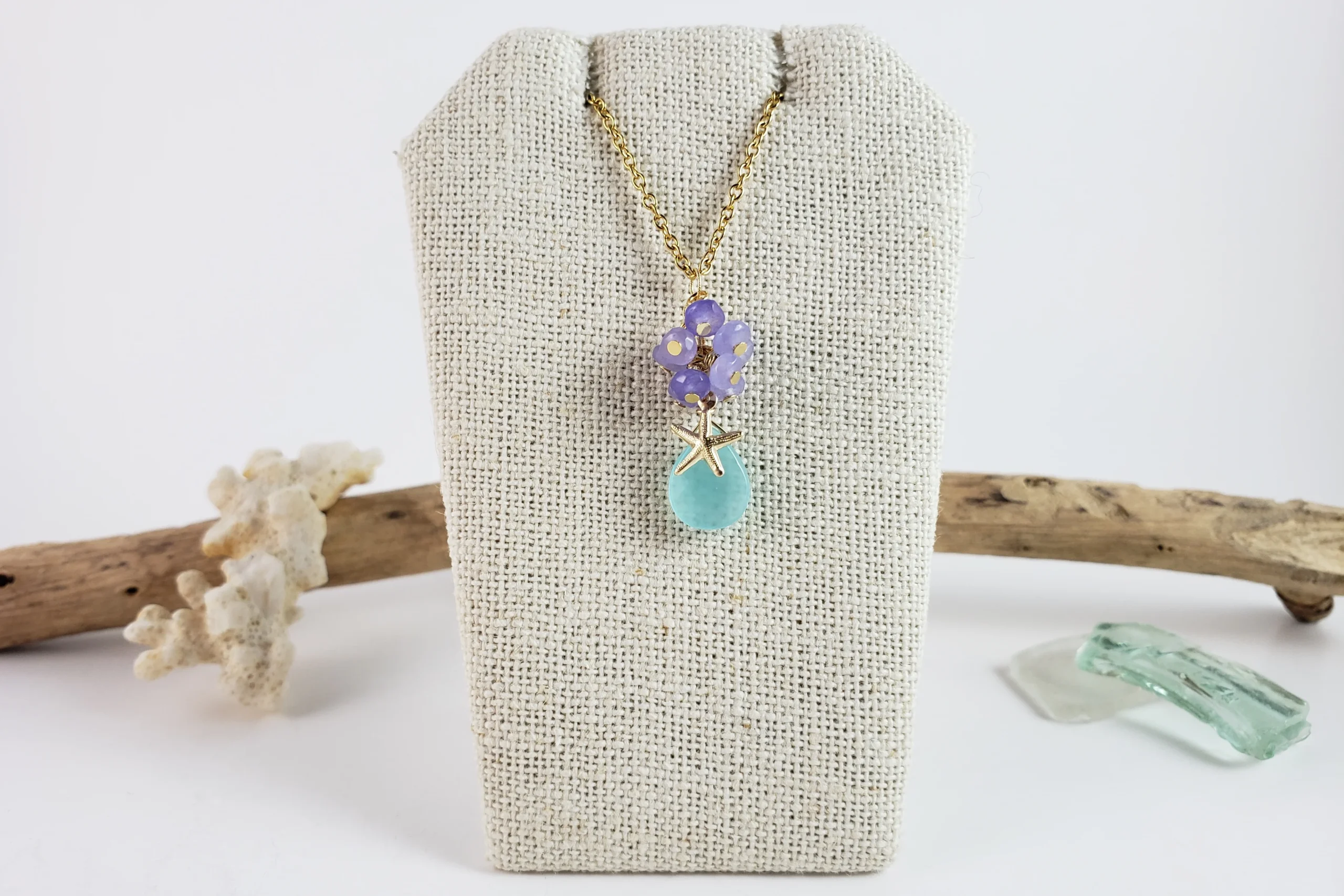Aqua quartz purple jade and starfish earrings and necklace - Image 7