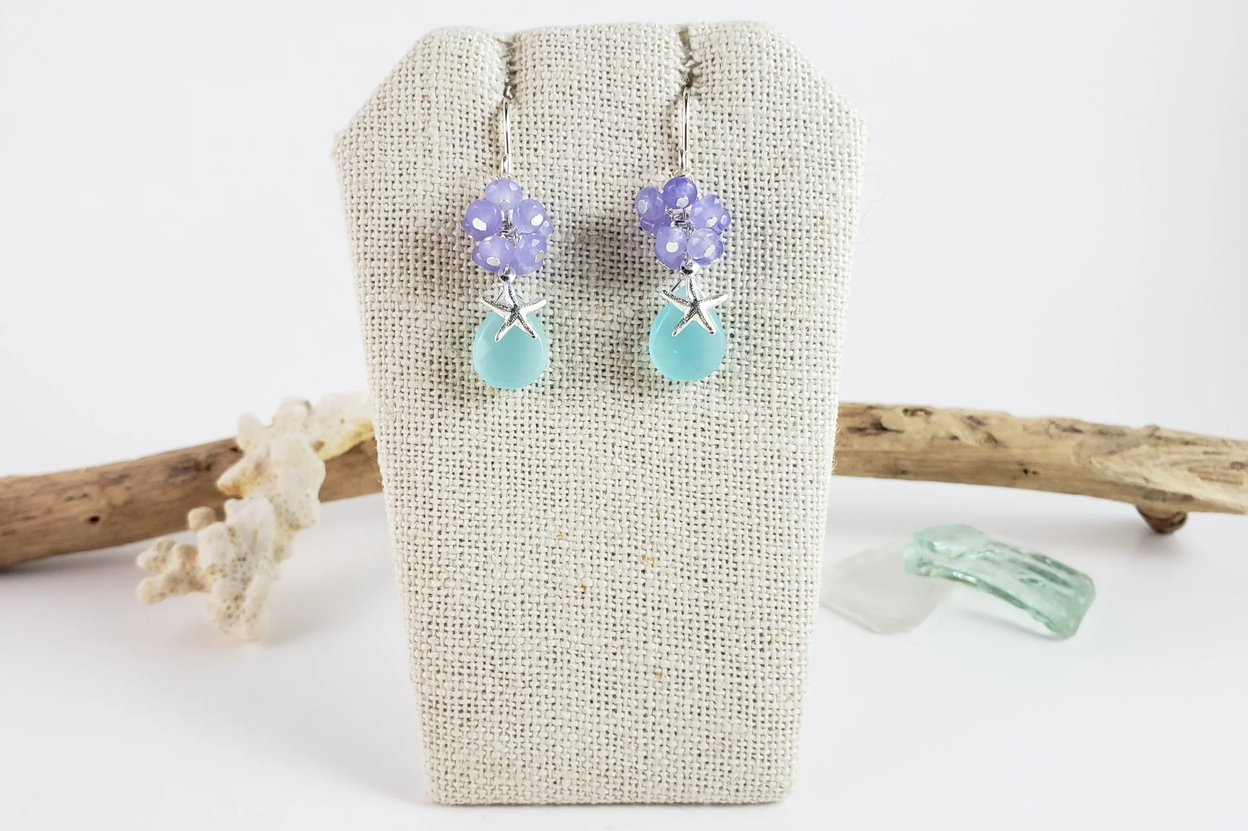 Aqua quartz purple jade and starfish earrings and necklace - Image 6