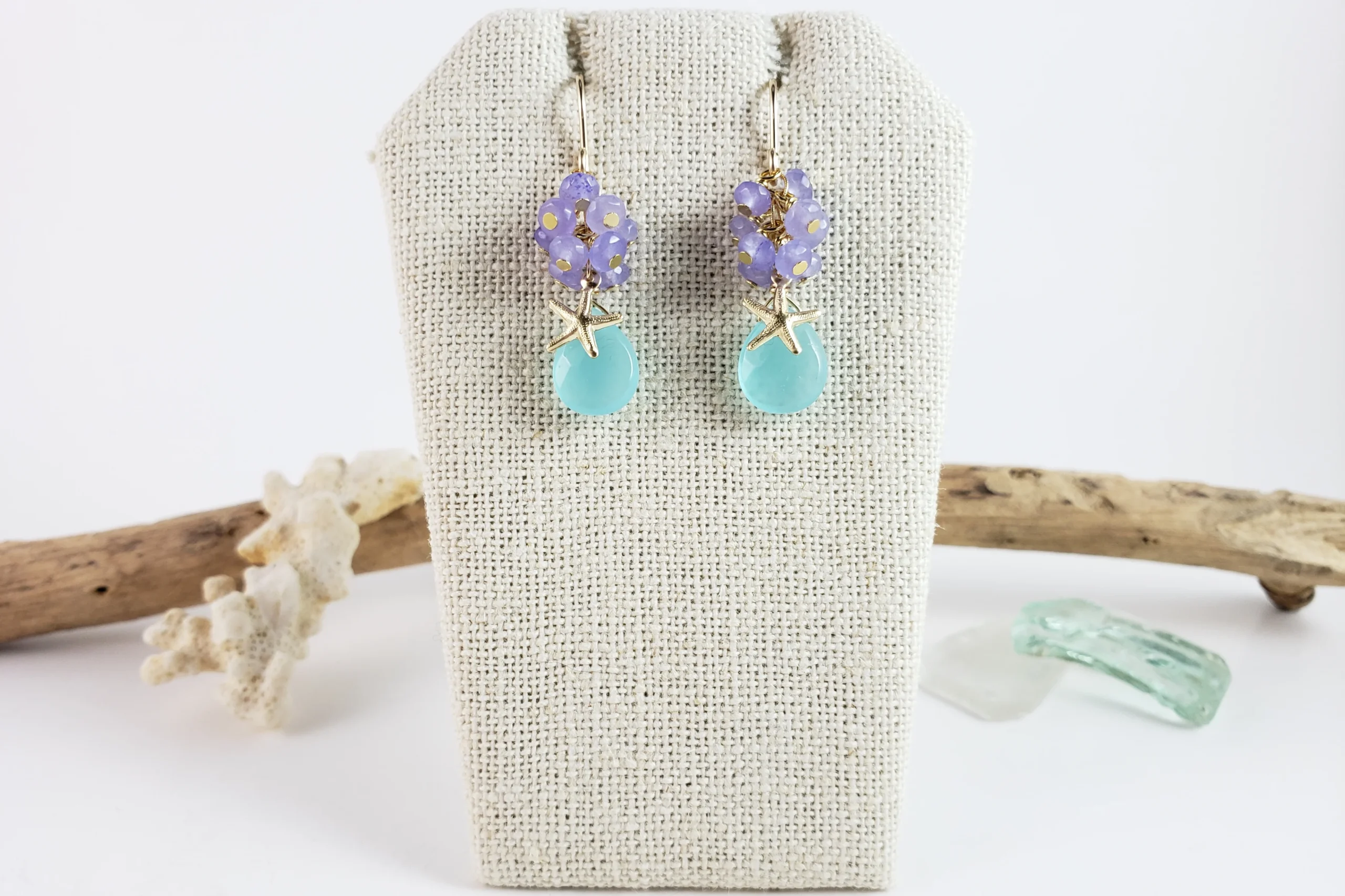 Aqua quartz purple jade and starfish earrings and necklace - Image 5