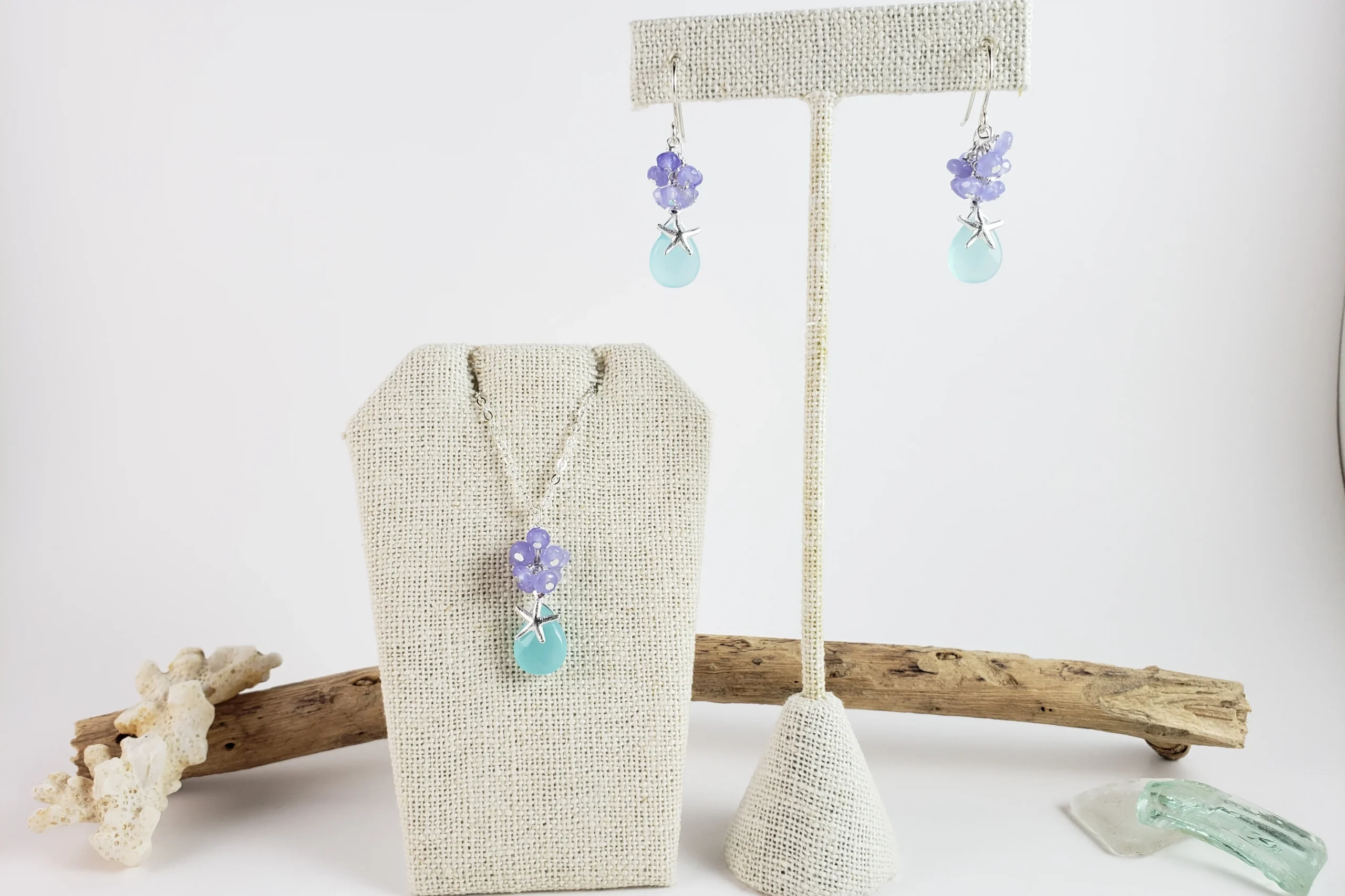 Aqua quartz purple jade and starfish earrings and necklace - Image 4
