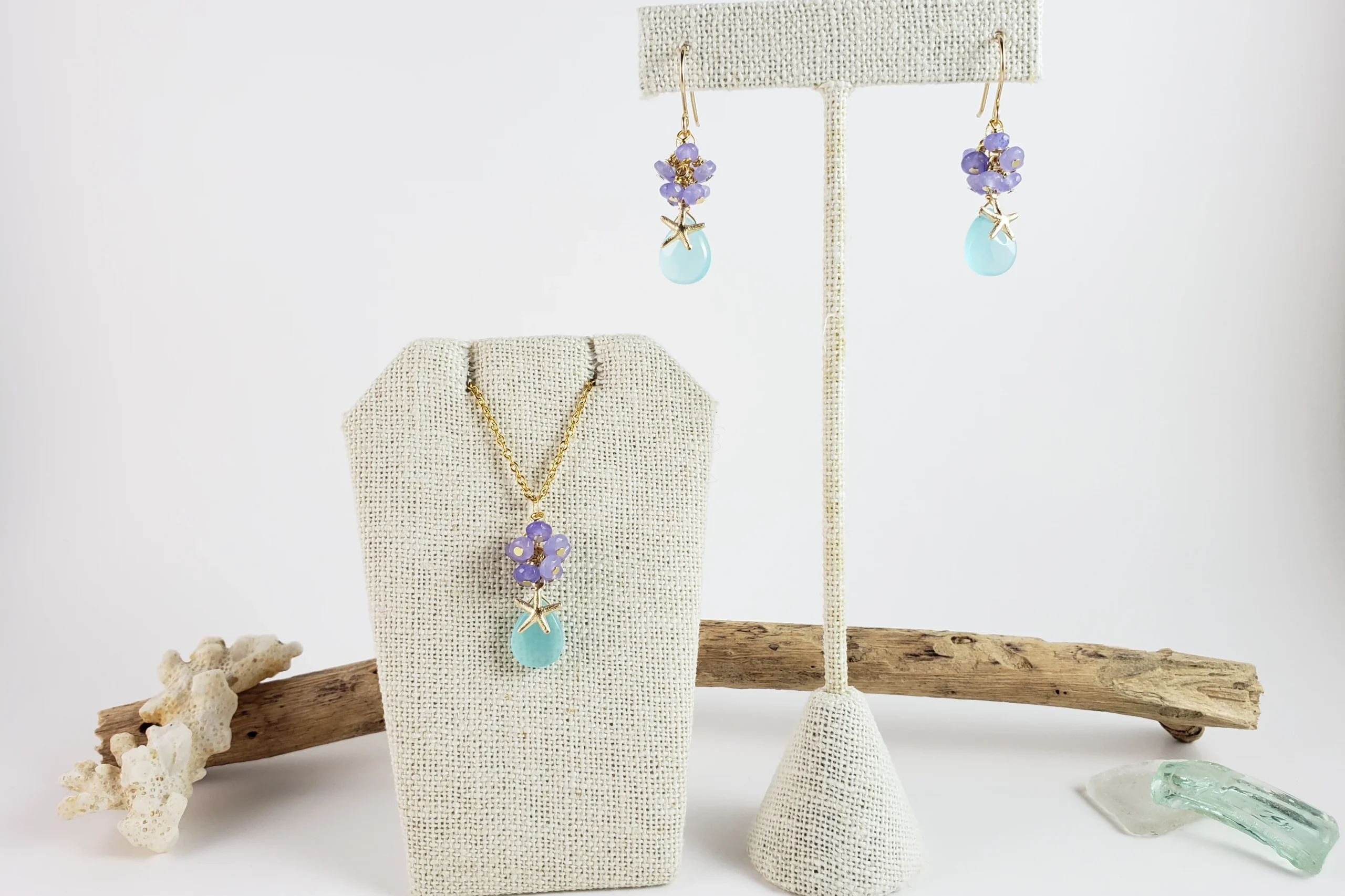 Aqua quartz purple jade and starfish earrings and necklace - Image 3