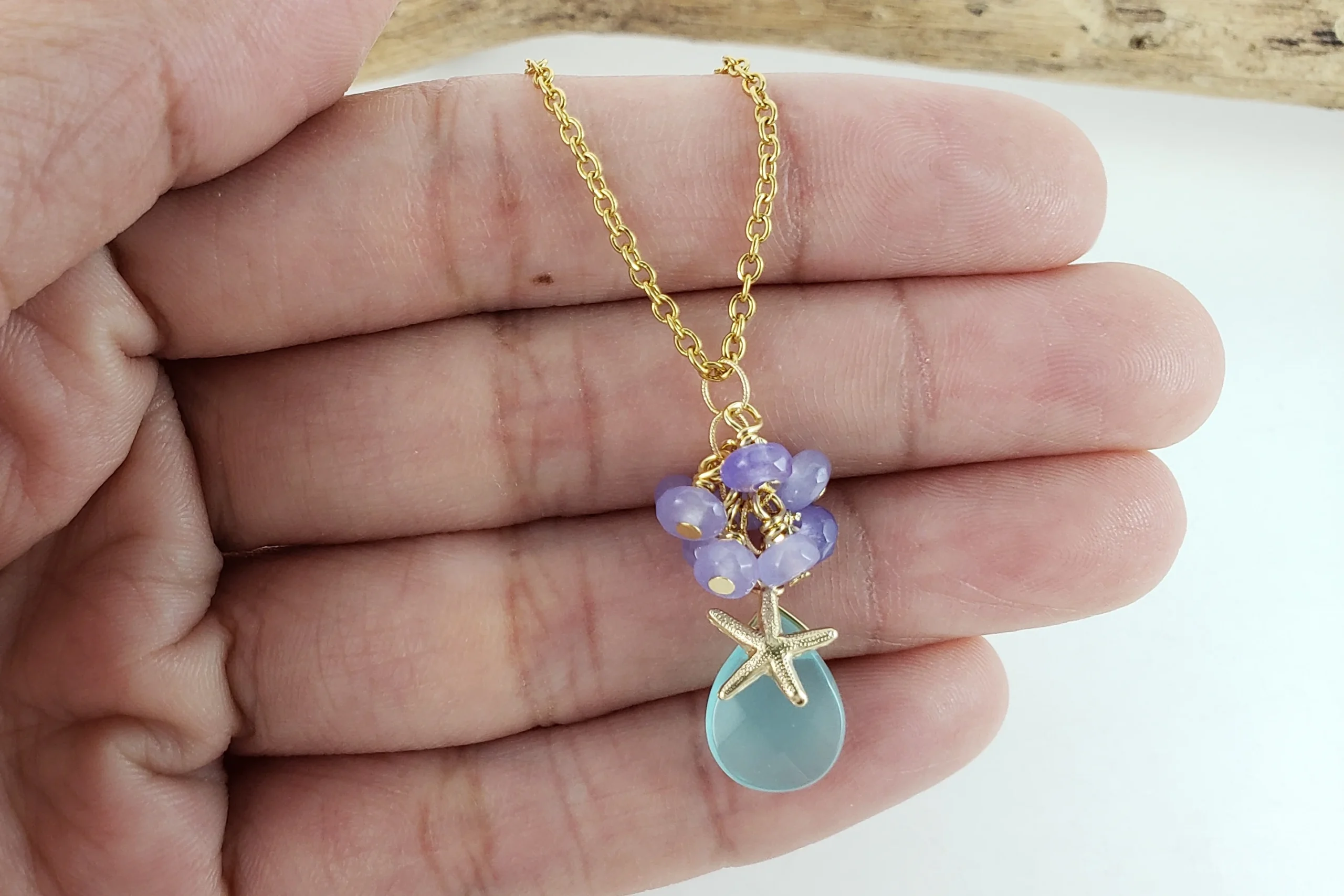 Aqua quartz purple jade and starfish earrings and necklace - Image 2