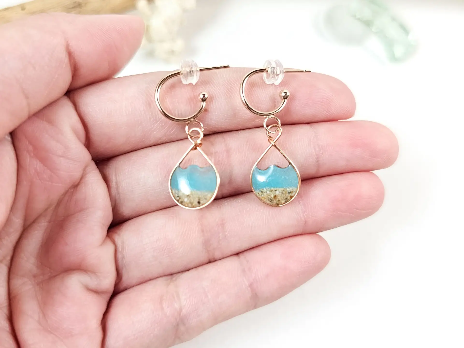 Aqua glow in the dark water sand mini hoop earrings - Image 2