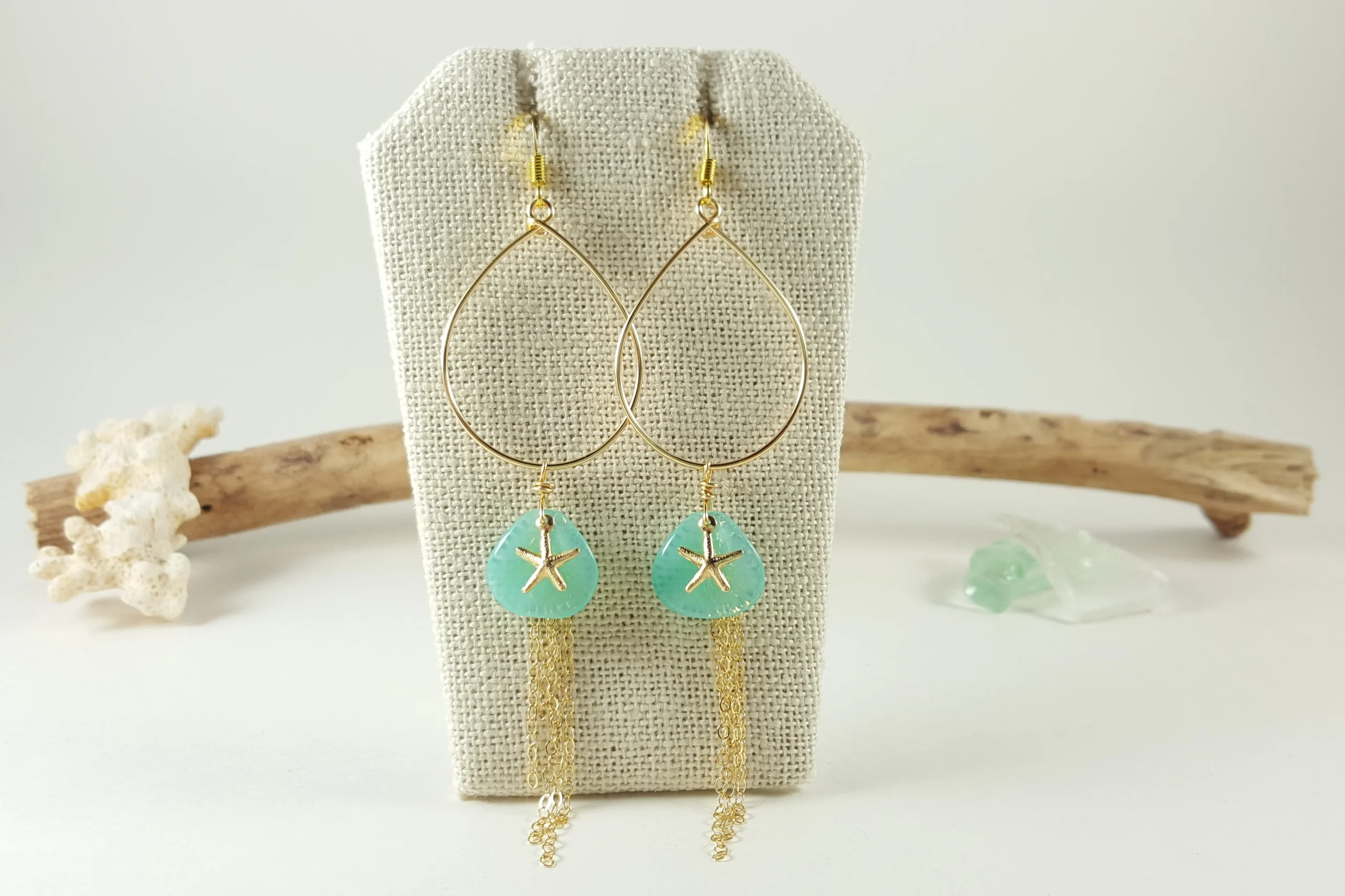 Aqua glass petal starfish teardrop earrings and necklace in silver and gold - Image 4