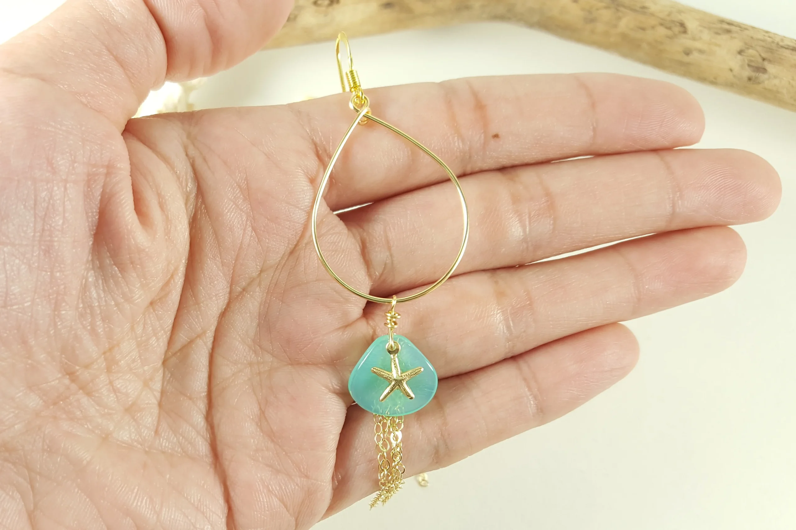 Aqua glass petal starfish teardrop earrings and necklace in silver and gold - Image 2