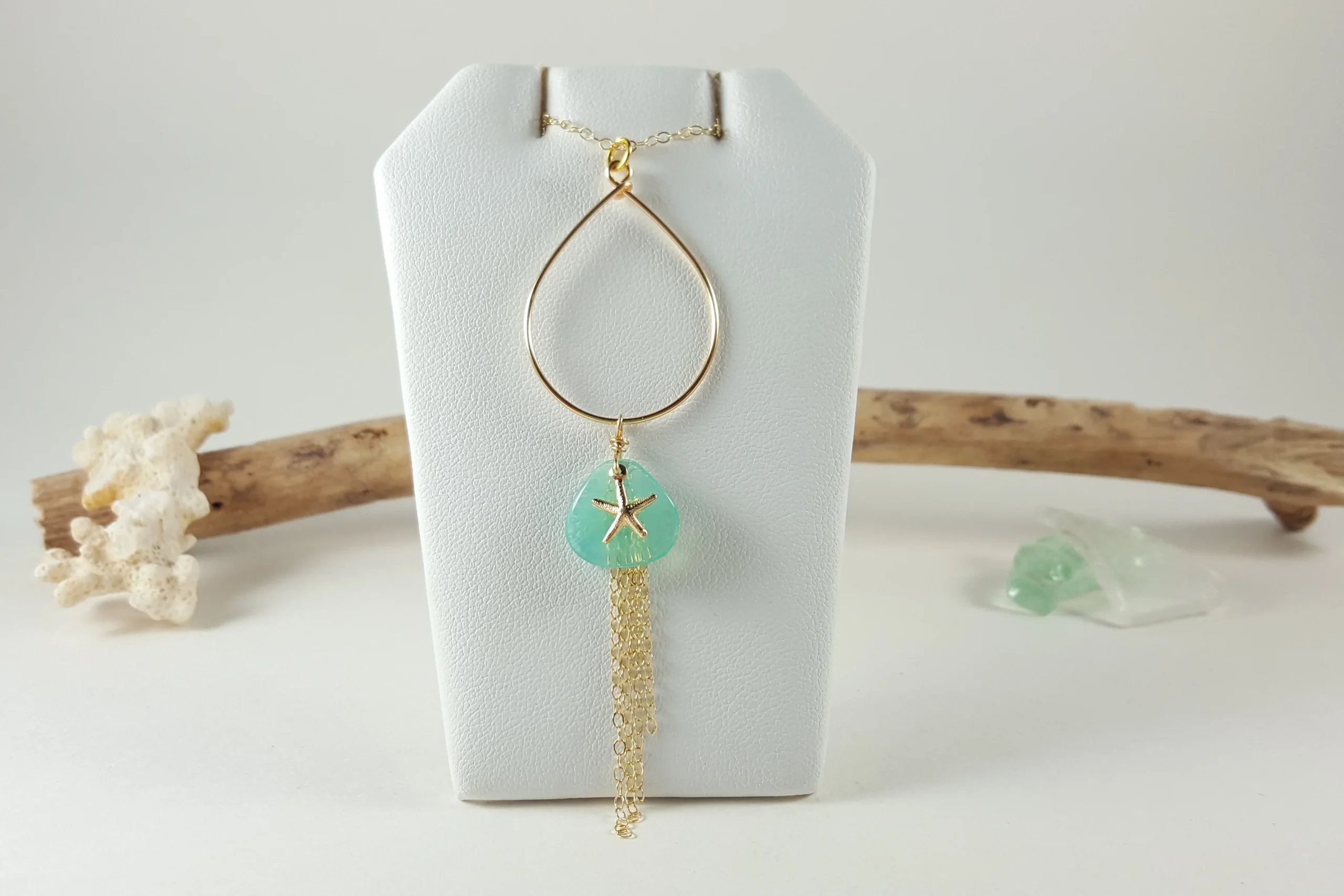 Aqua glass petal starfish teardrop earrings and necklace in silver and gold - Image 9