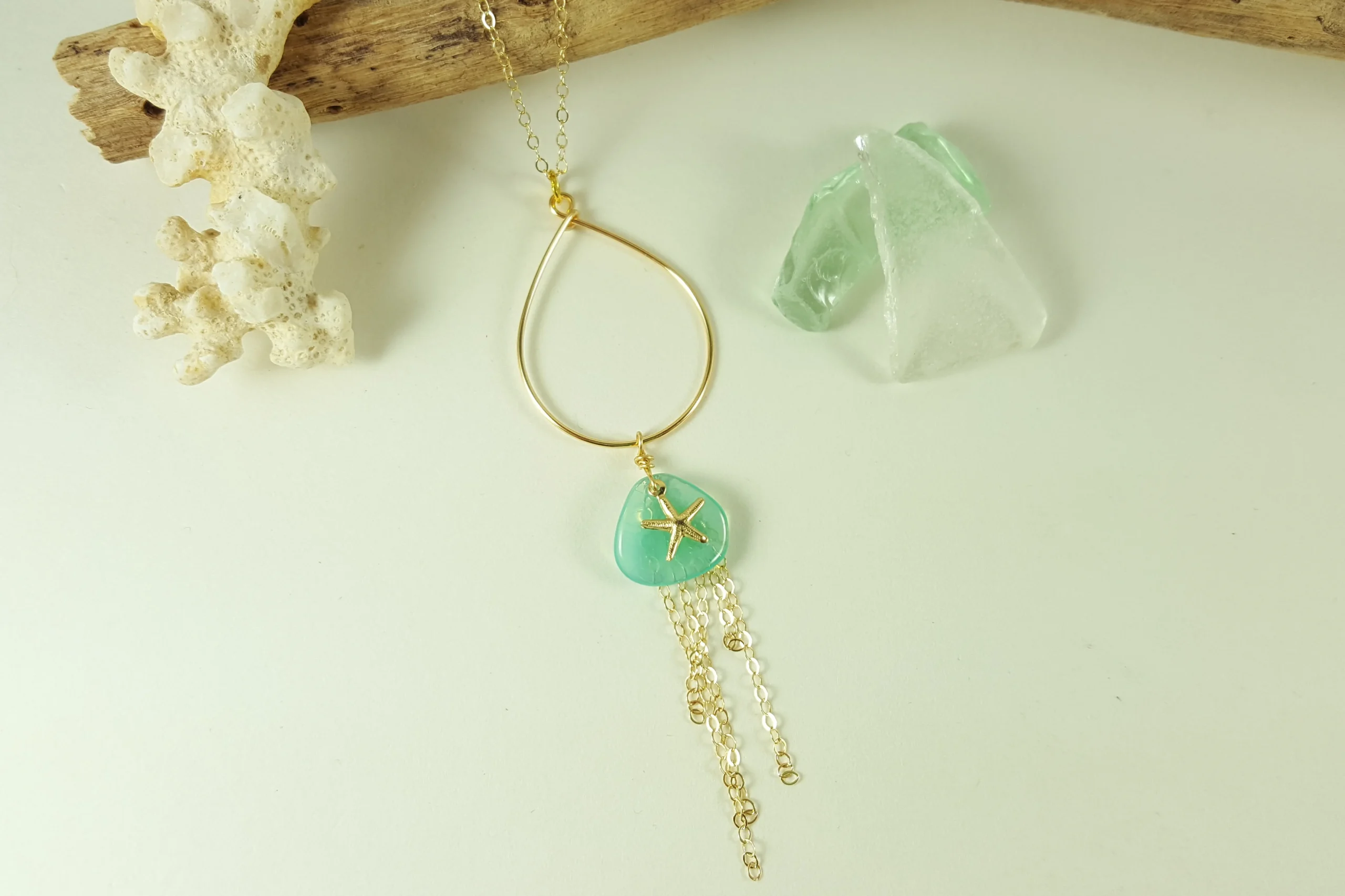 Aqua glass petal starfish teardrop earrings and necklace in silver and gold - Image 8