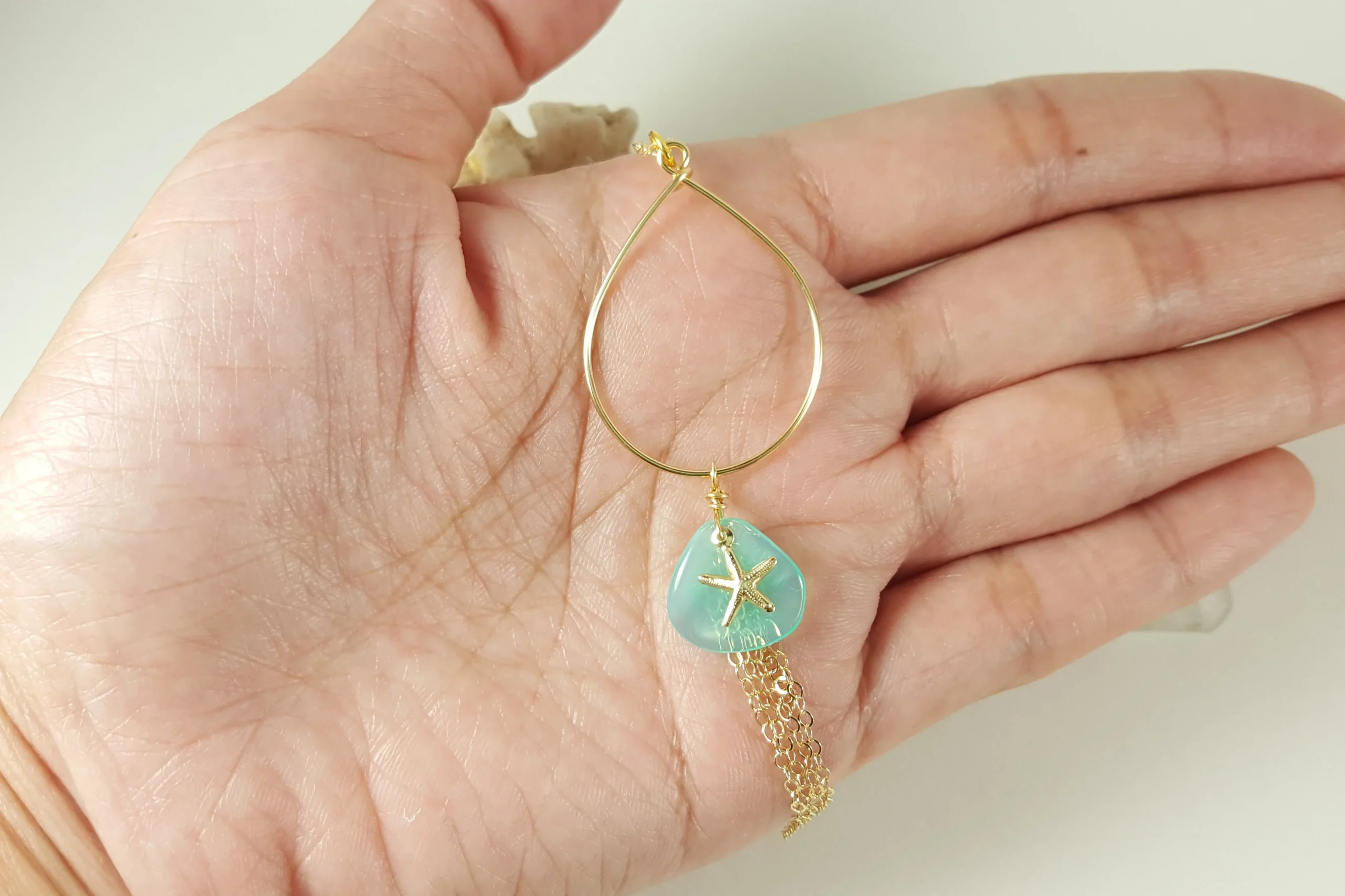 Aqua glass petal starfish teardrop earrings and necklace in silver and gold - Image 7