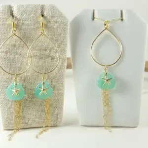 Aqua glass petal starfish teardrop earrings and necklace in silver and gold