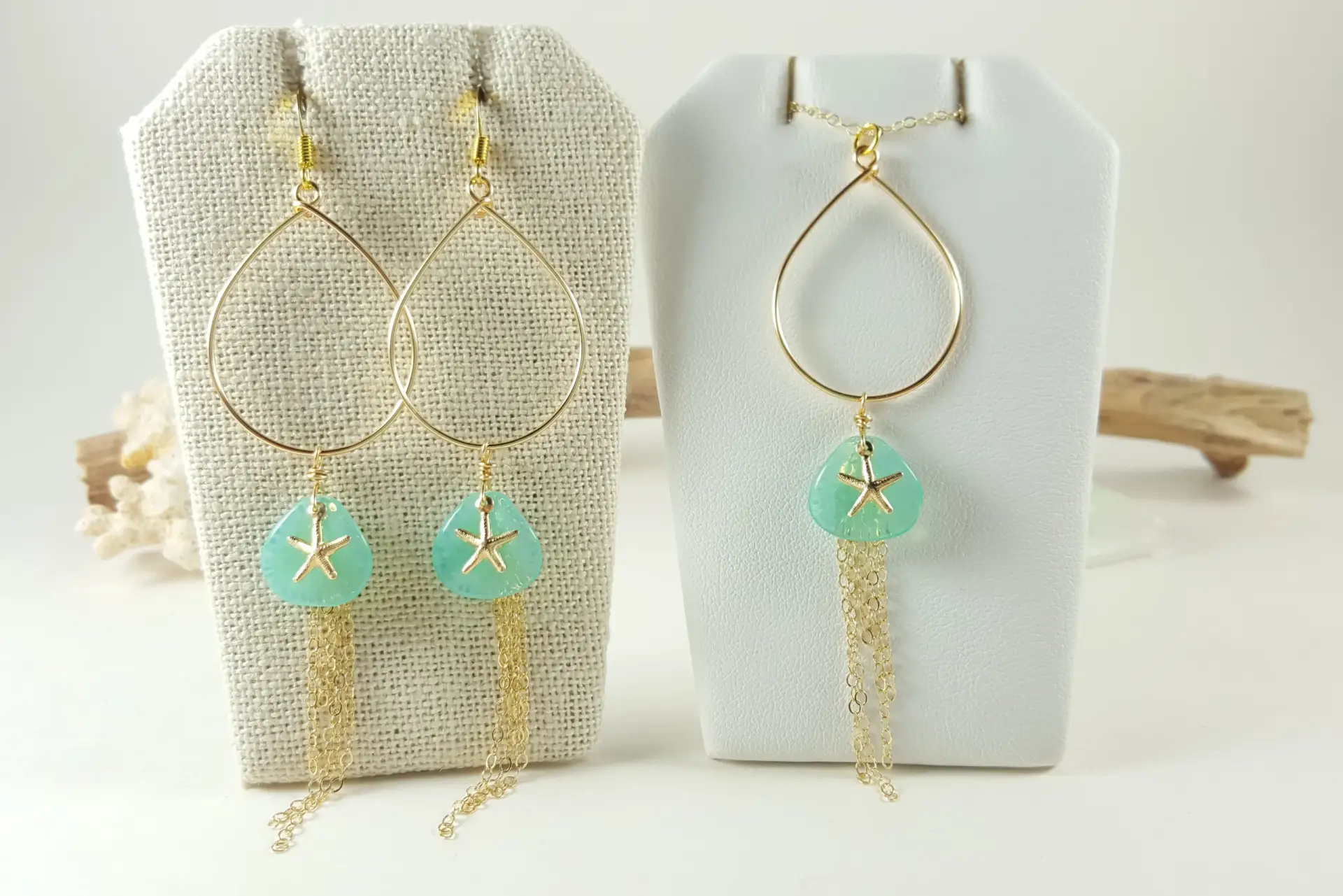 Aqua glass petal starfish teardrop earrings and necklace in silver and gold