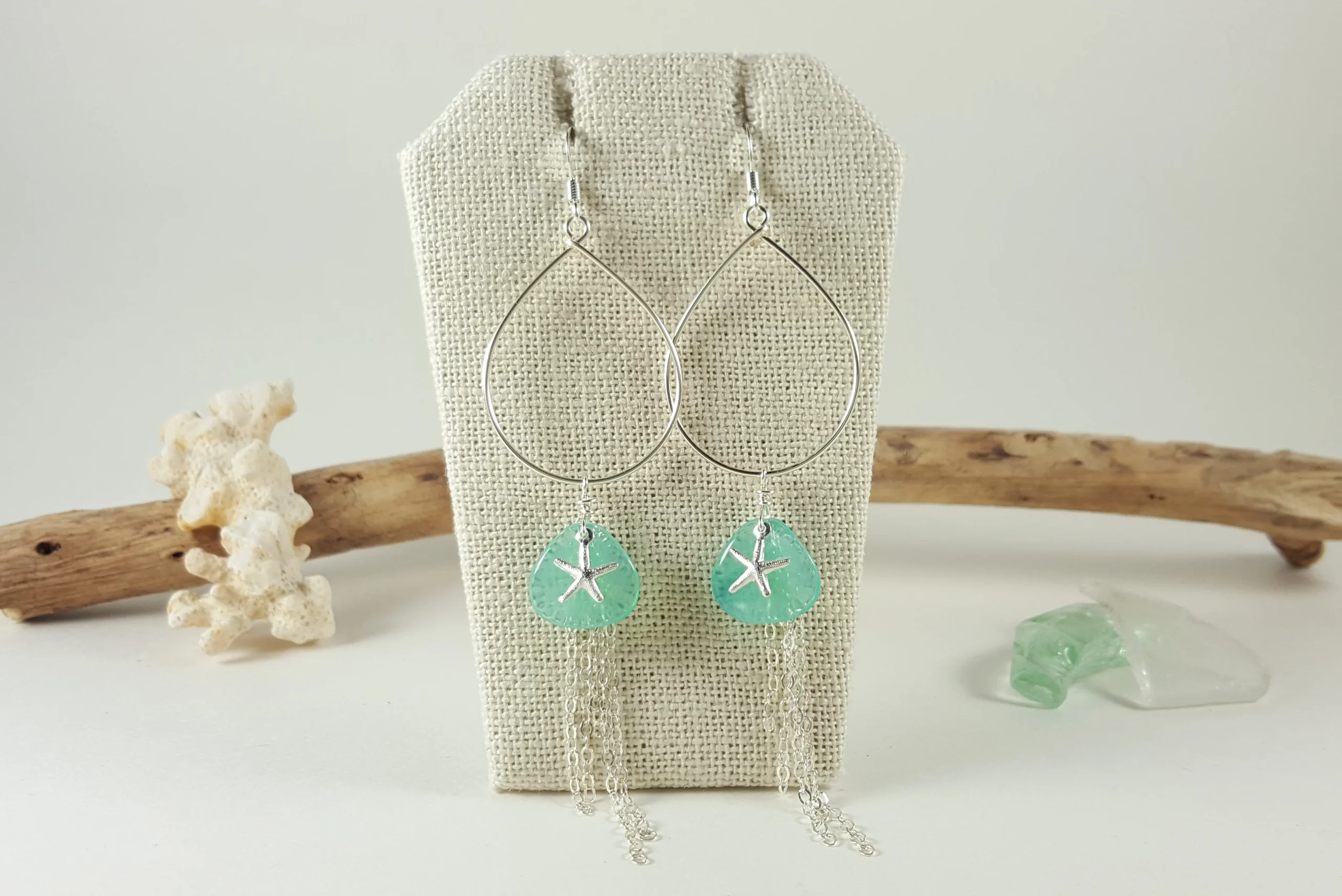 Aqua glass petal starfish teardrop earrings and necklace in silver and gold - Image 6