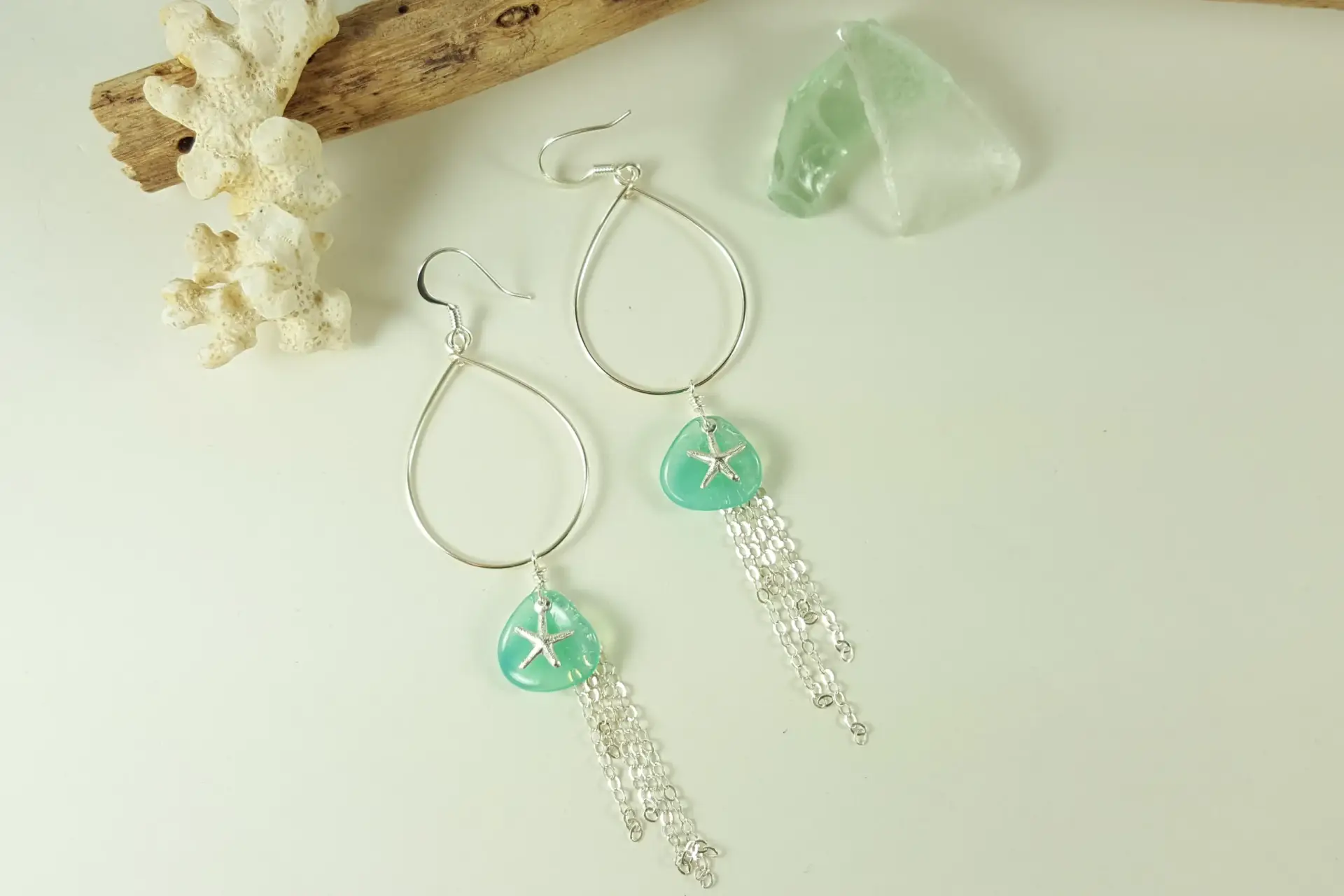 Aqua glass petal starfish teardrop earrings and necklace in silver and gold - Image 5