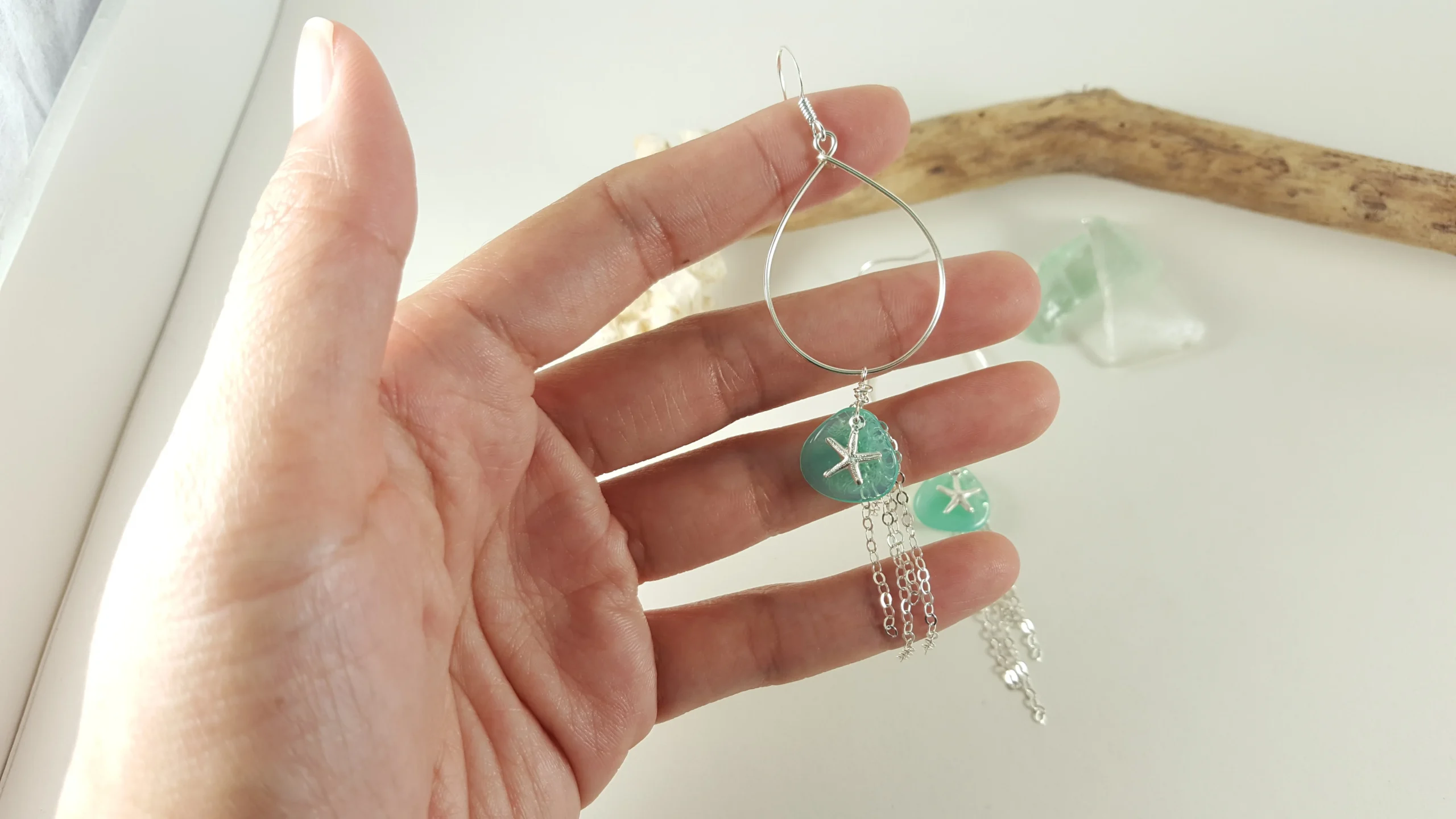 Aqua glass petal starfish teardrop earrings and necklace in silver and gold - Image 13