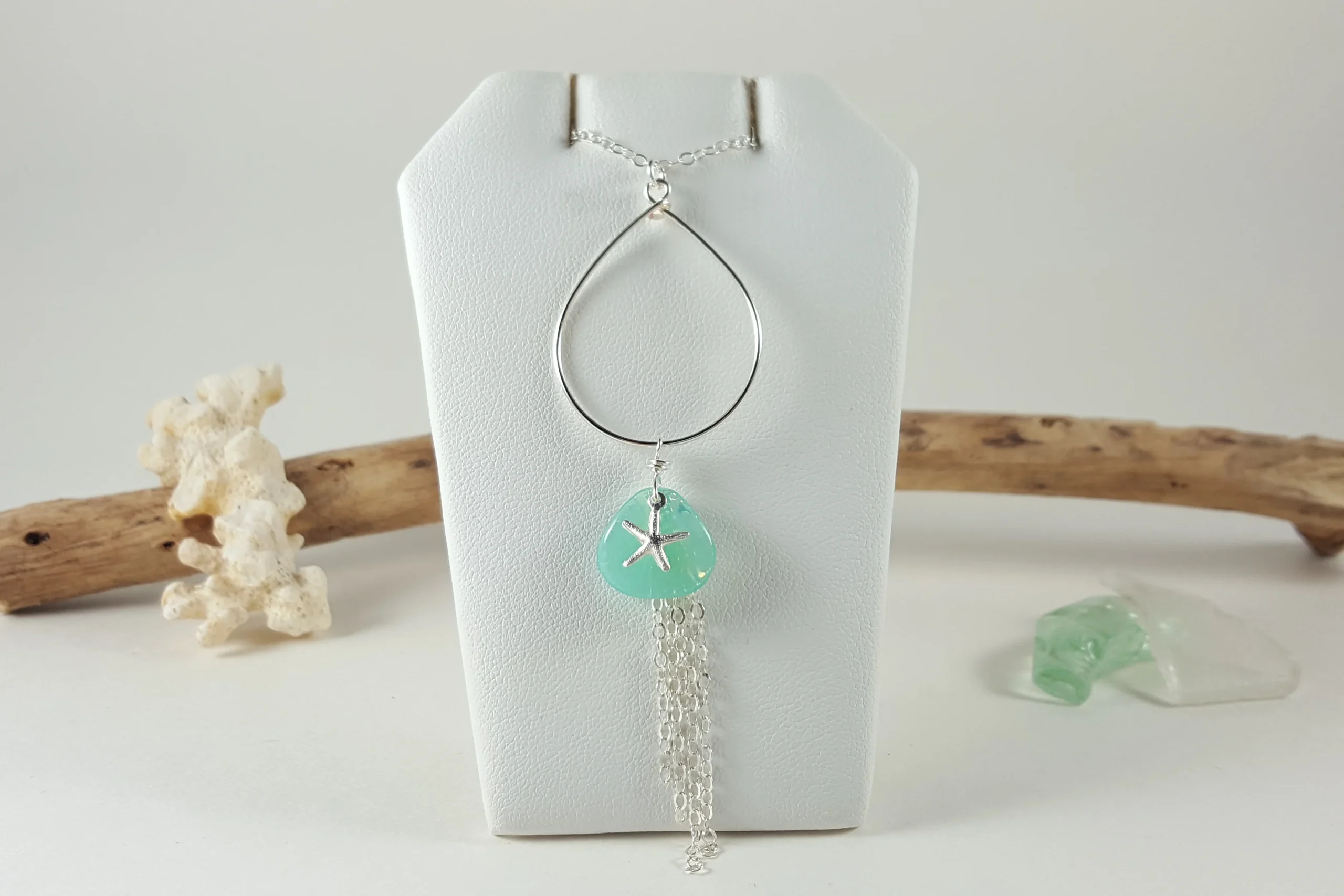 Aqua glass petal starfish teardrop earrings and necklace in silver and gold - Image 12