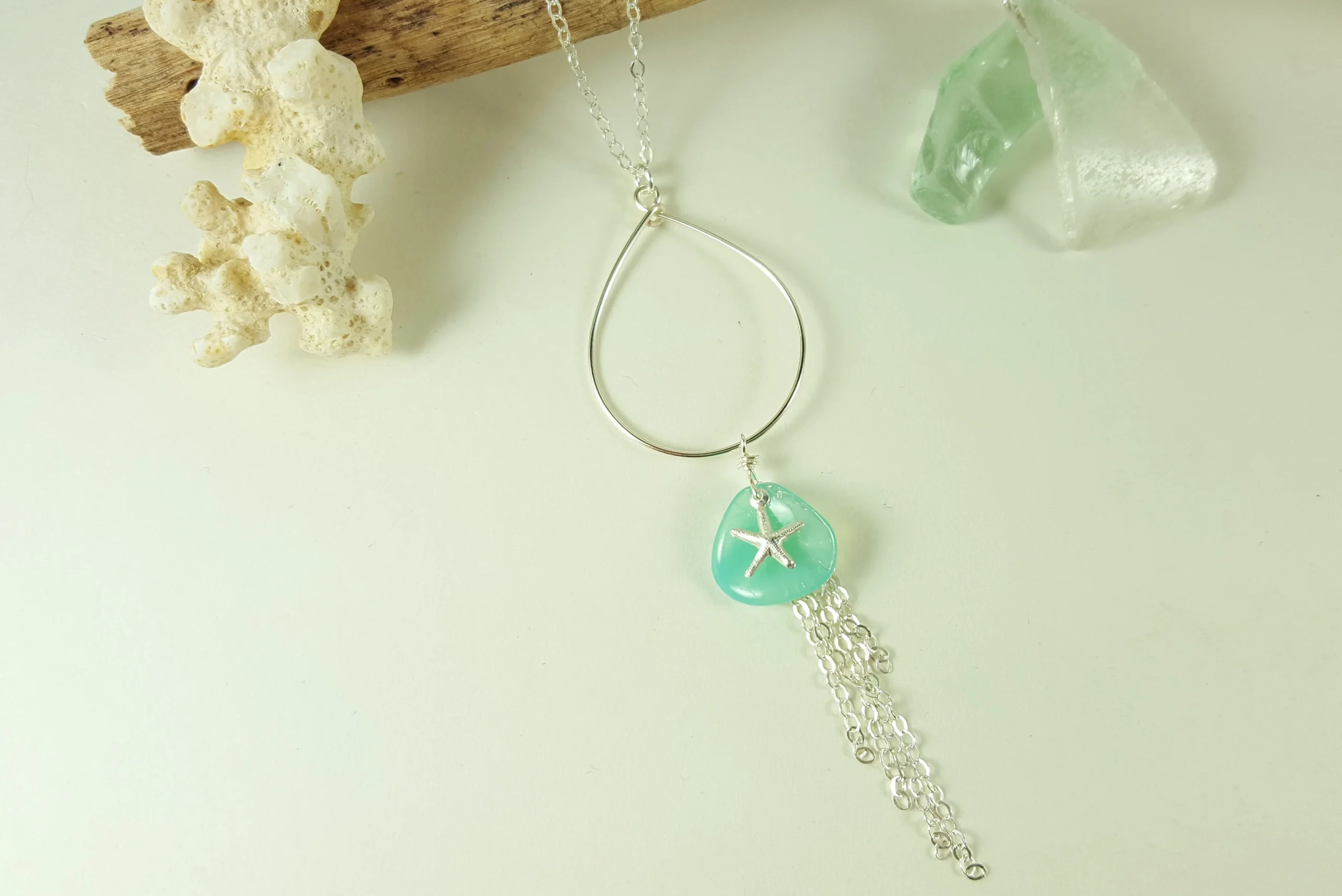 Aqua glass petal starfish teardrop earrings and necklace in silver and gold - Image 11