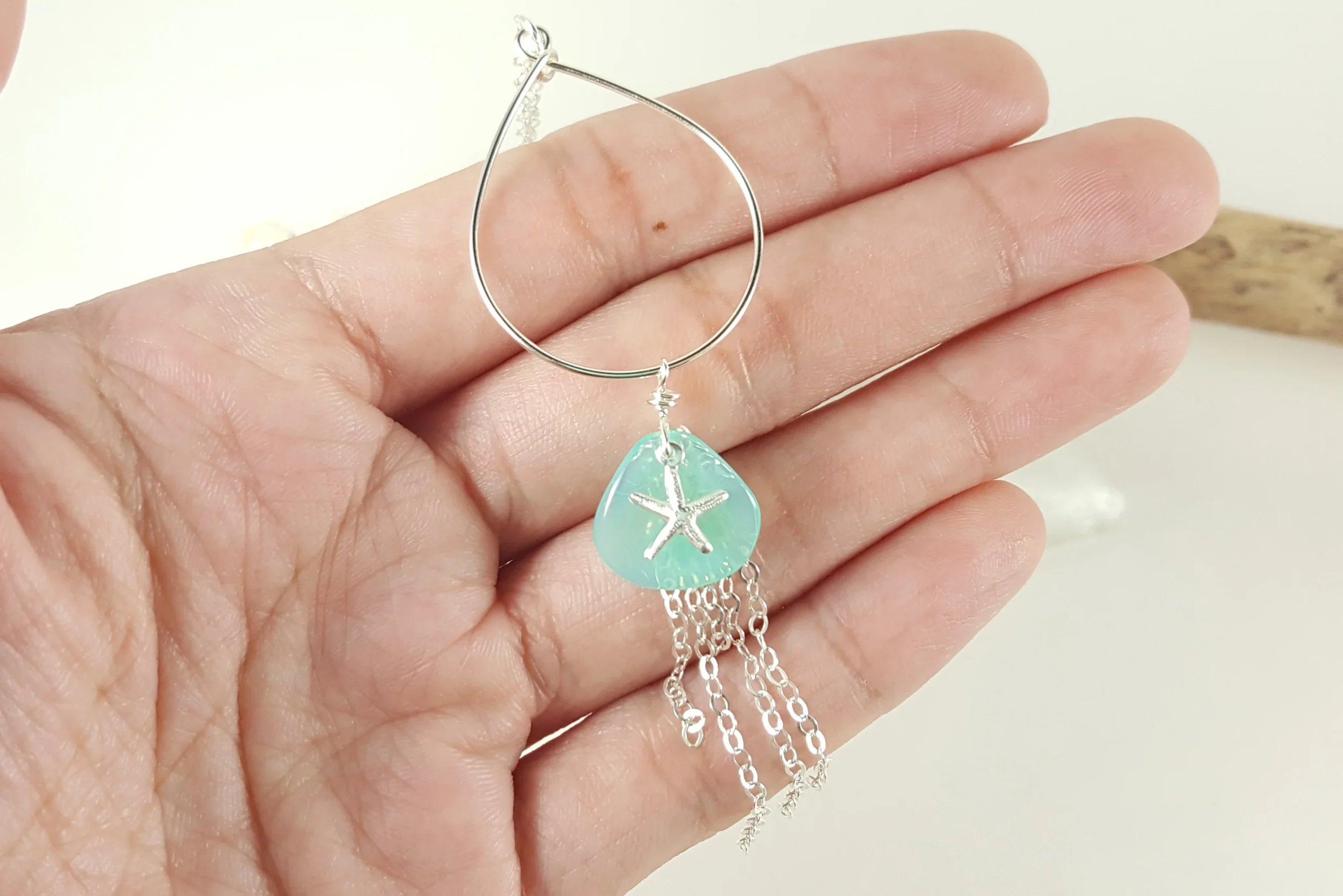 Aqua glass petal starfish teardrop earrings and necklace in silver and gold - Image 10