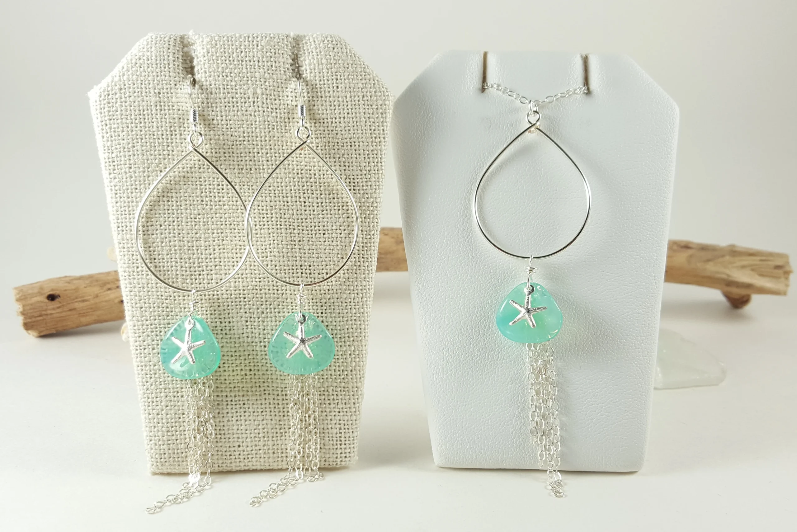 Aqua glass petal starfish teardrop earrings and necklace in silver and gold - Image 14