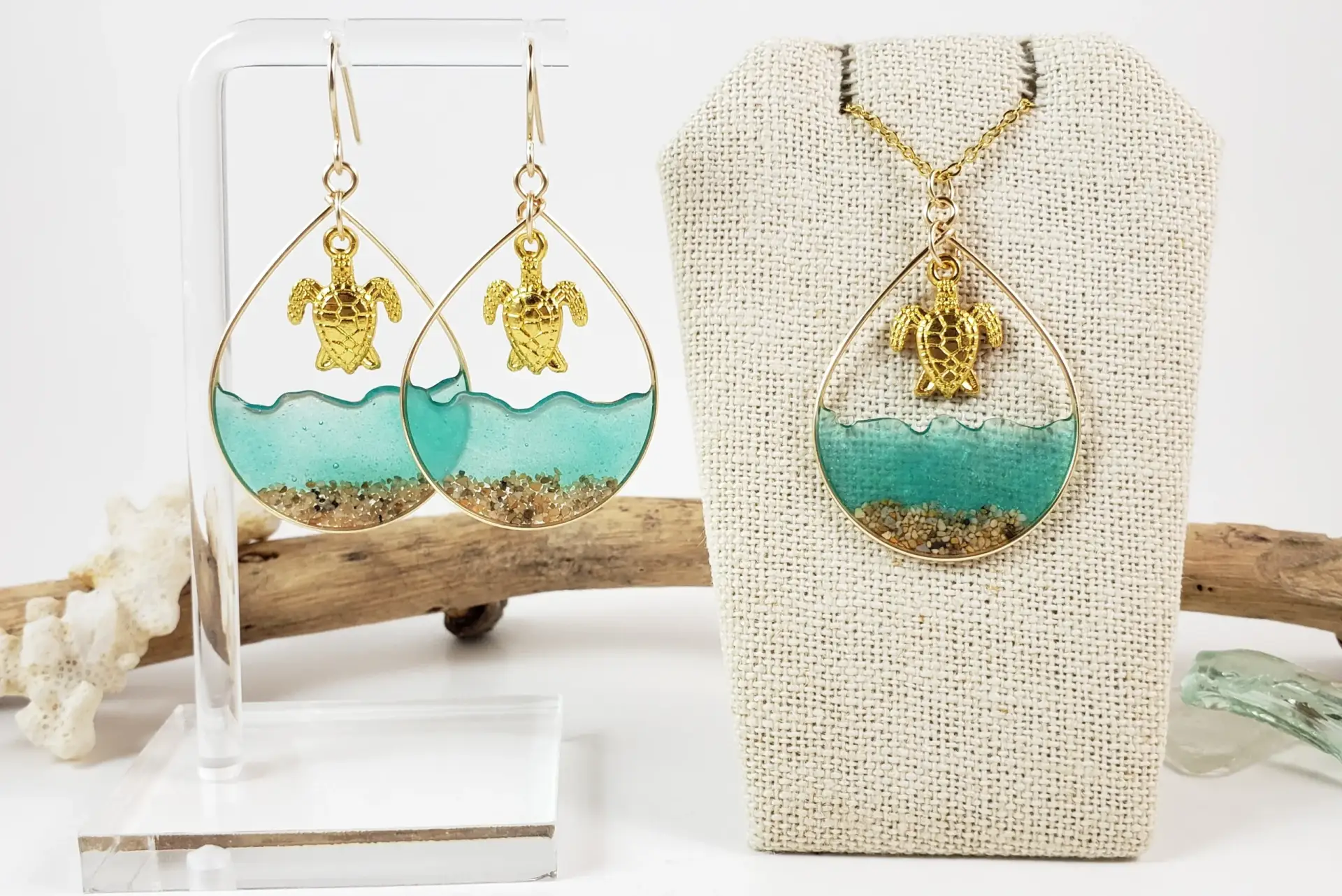 Sea green water and large turtle earrings and necklace in silver, yellow gold, or rose gold - Image 2