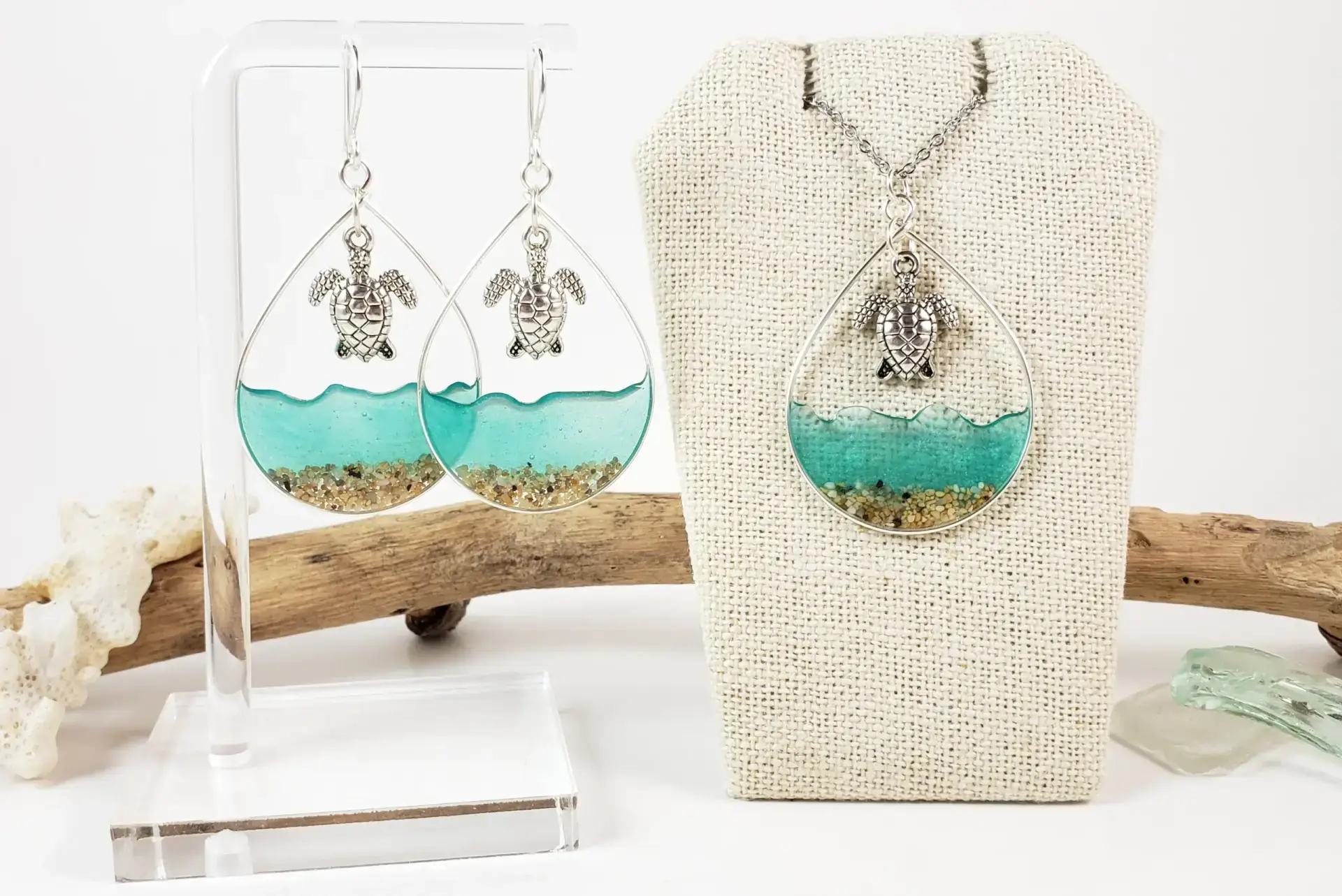 Sea green water and large turtle earrings and necklace in silver, yellow gold, or rose gold - Image 3