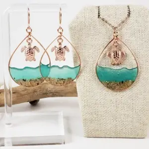 Sea green water and large turtle earrings and necklace in silver, yellow gold, or rose gold