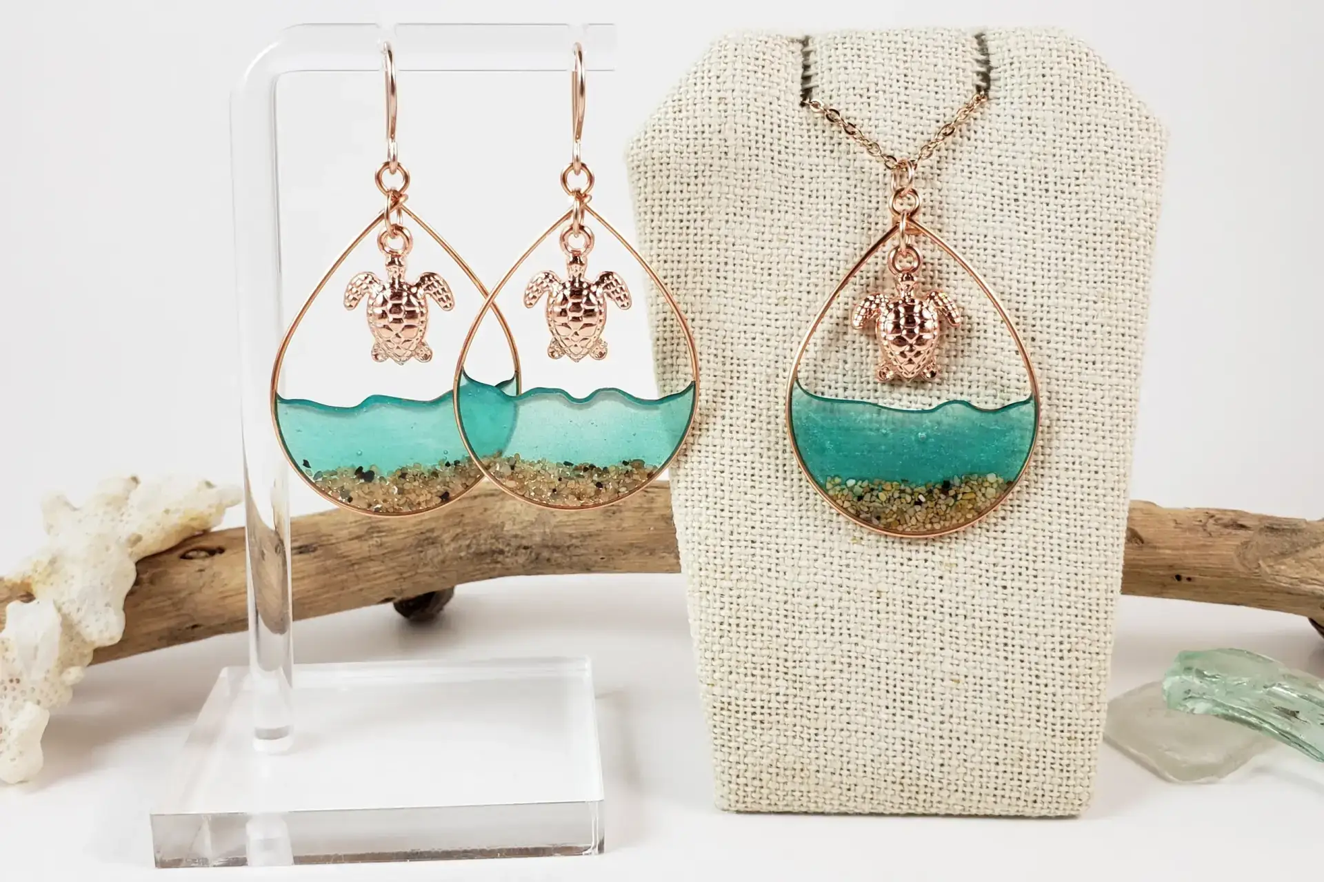 Sea green water and large turtle earrings and necklace in silver, yellow gold, or rose gold