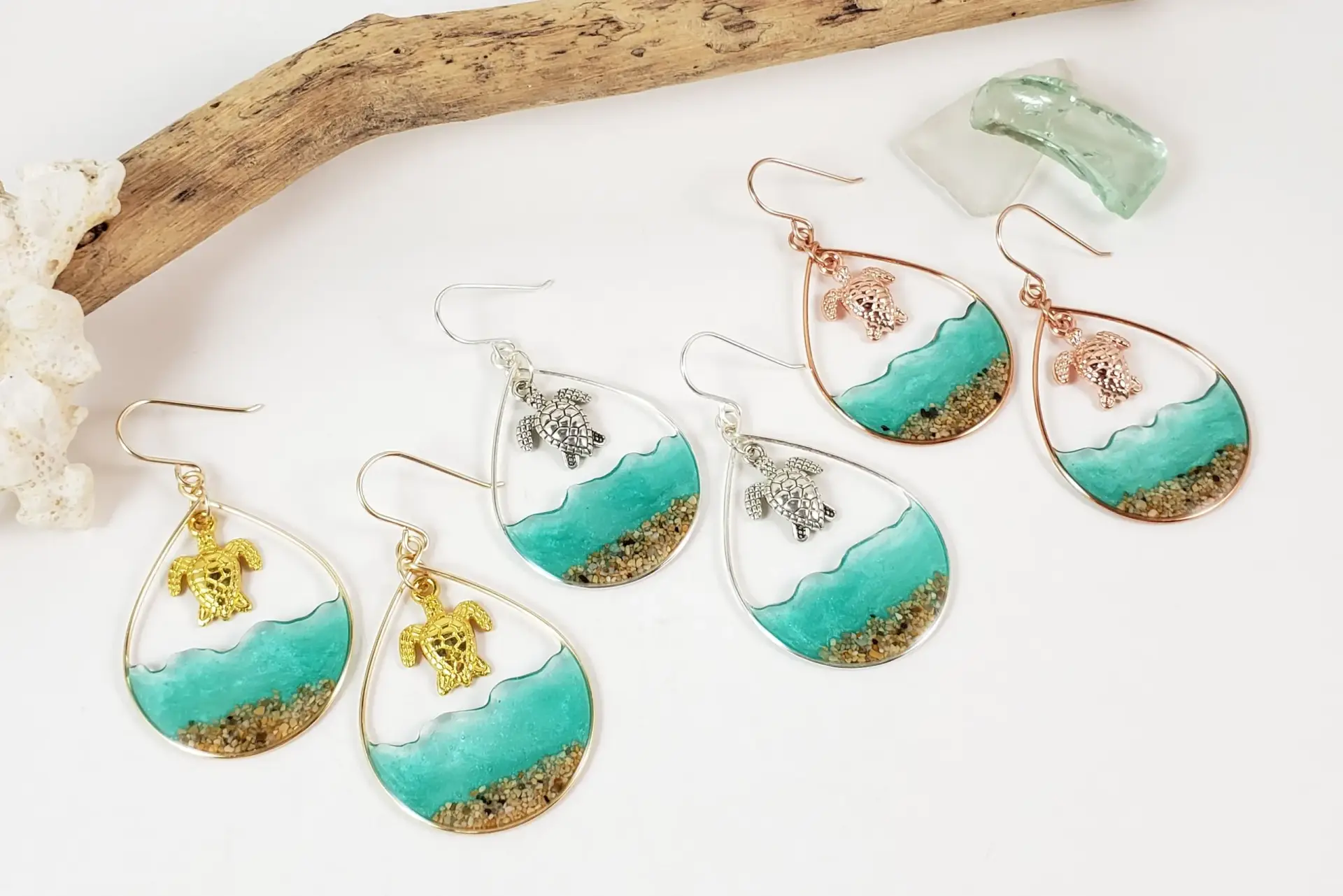 Sea green water and large turtle earrings and necklace in silver, yellow gold, or rose gold - Image 5