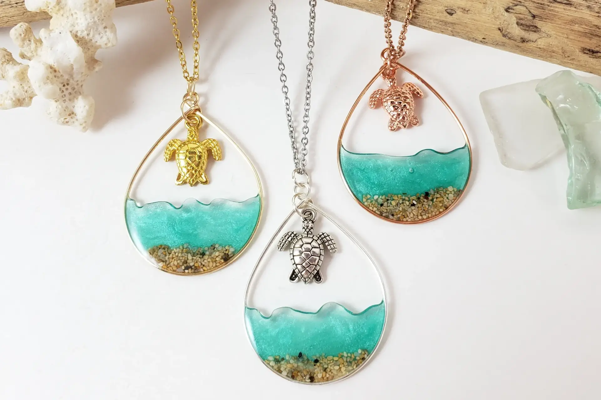 Sea green water and large turtle earrings and necklace in silver, yellow gold, or rose gold - Image 4