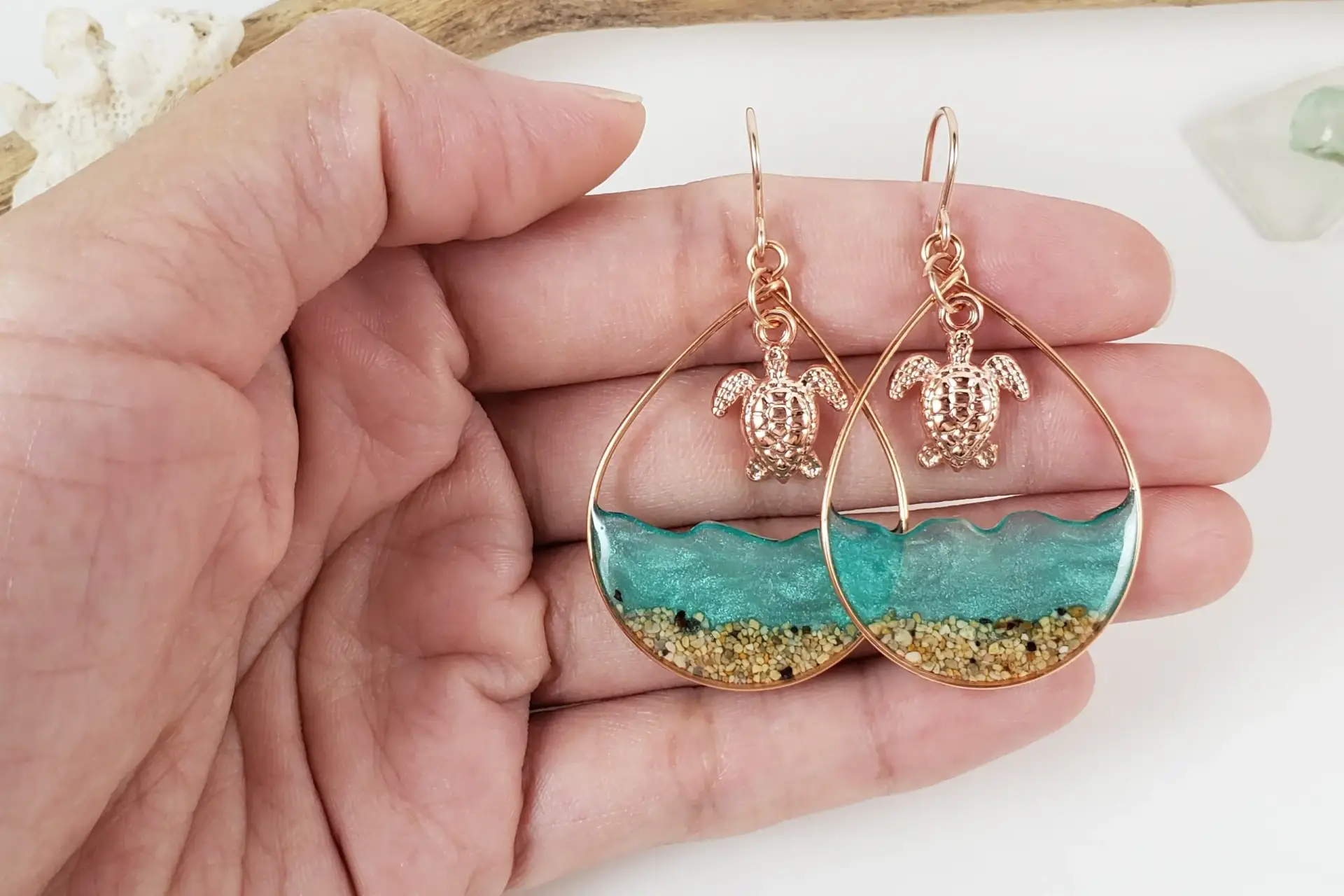 Sea green water and large turtle earrings and necklace in silver, yellow gold, or rose gold - Image 6