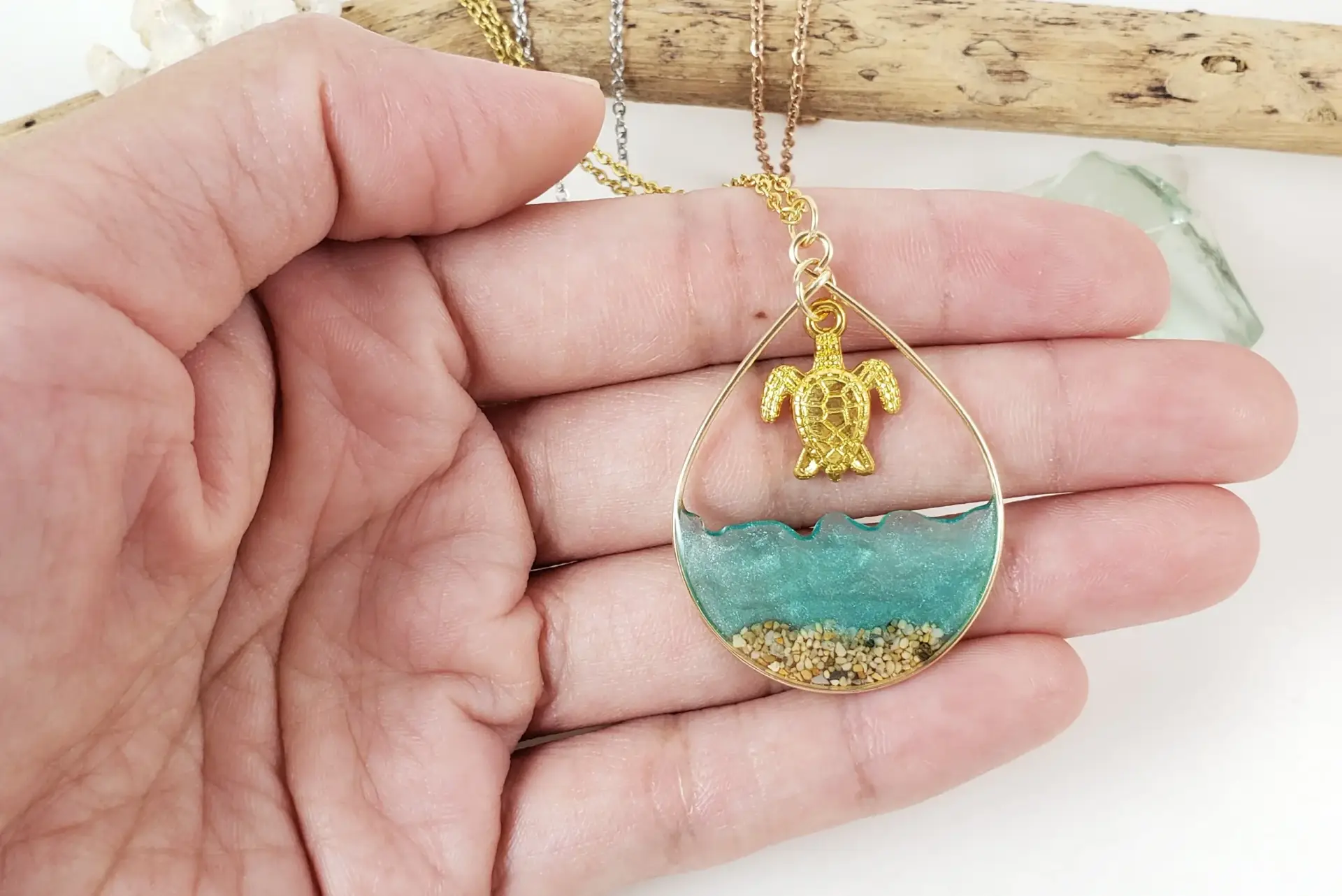 Sea green water and large turtle earrings and necklace in silver, yellow gold, or rose gold - Image 7