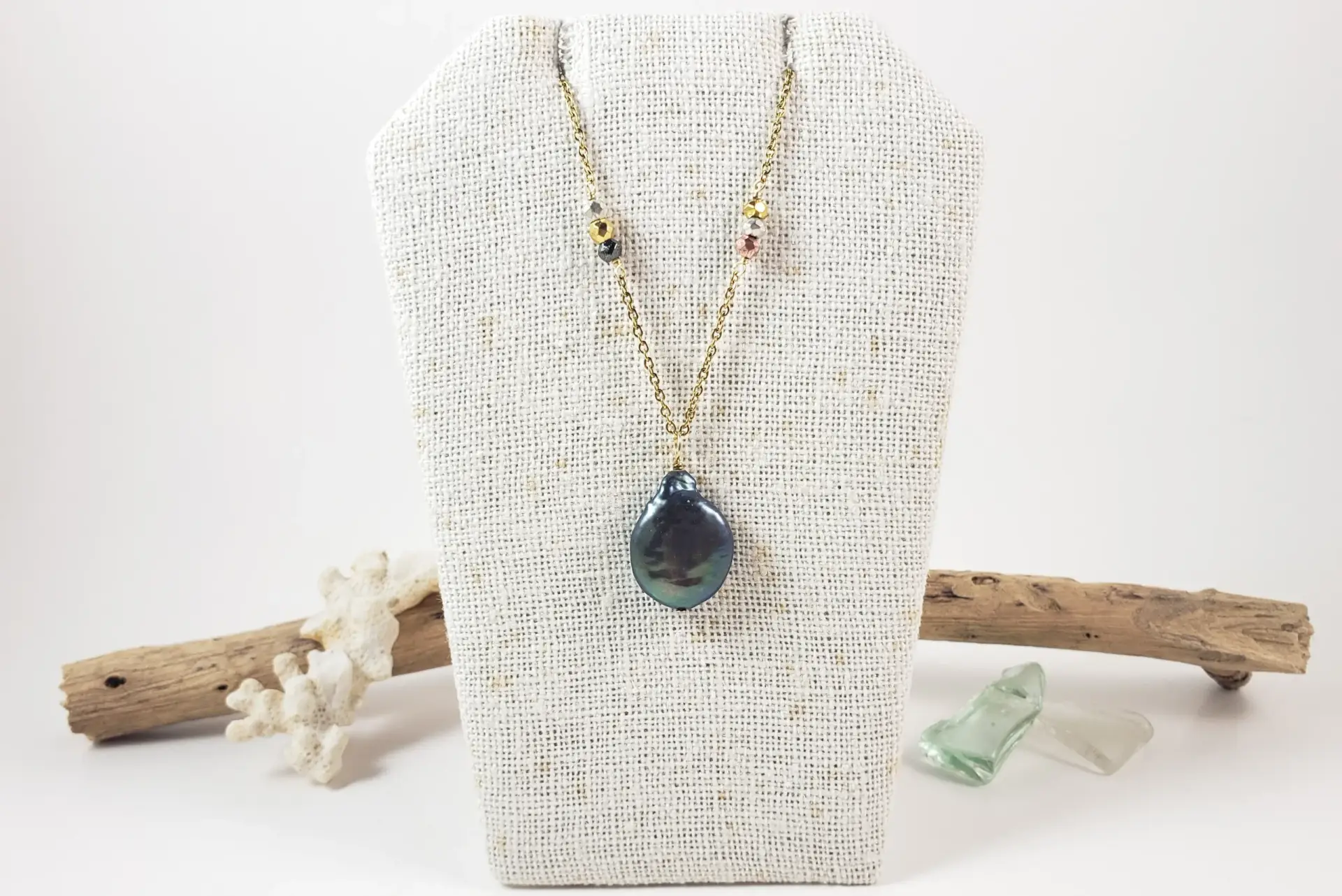 Black flameball coin freshwater pearl pyrite necklace - Image 9