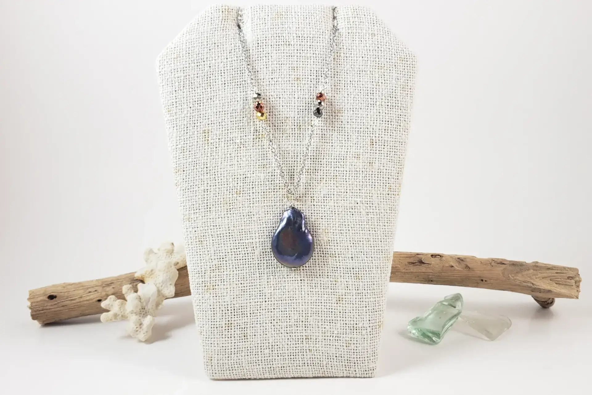 Black flameball coin freshwater pearl pyrite necklace - Image 8