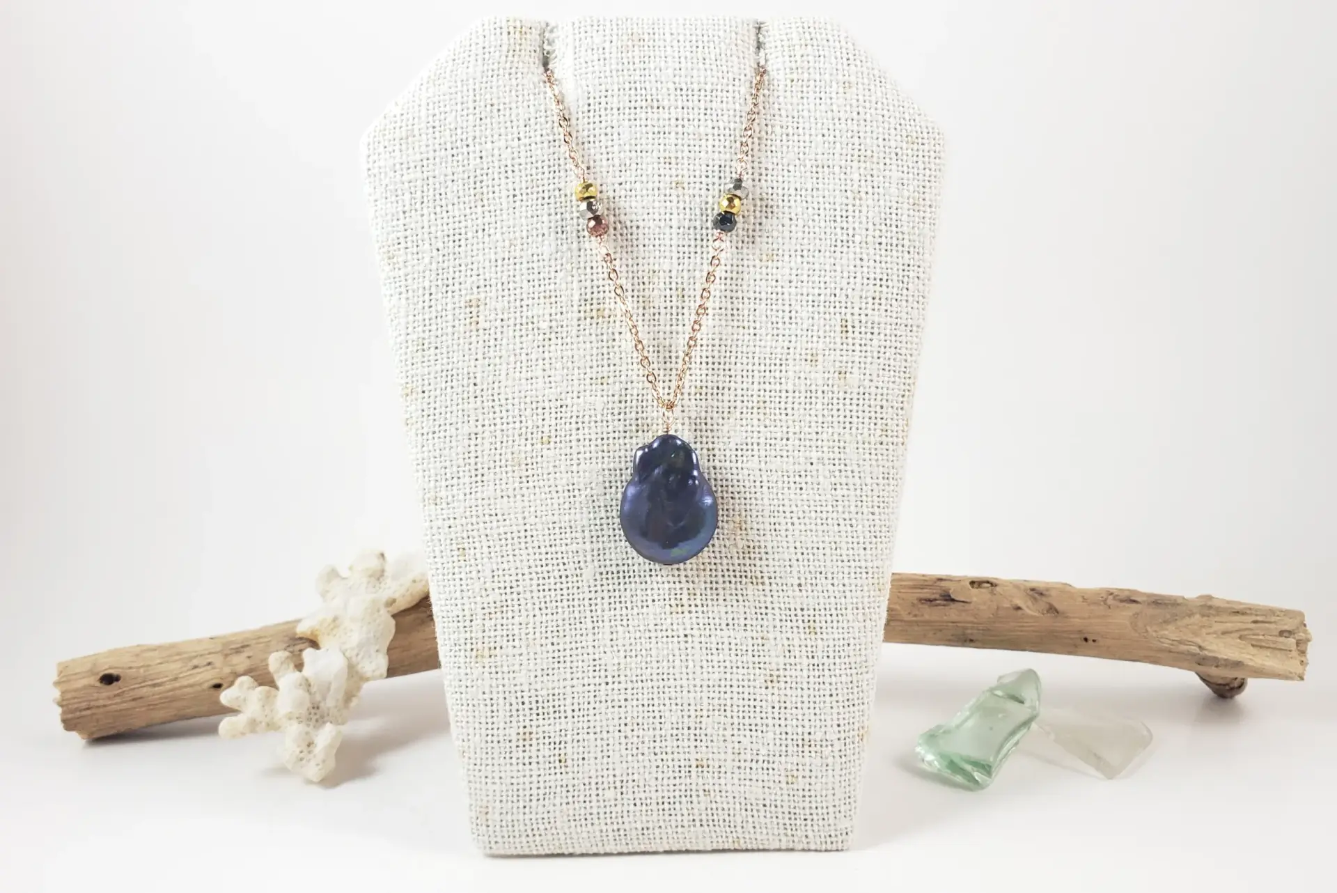 Black flameball coin freshwater pearl pyrite necklace - Image 7