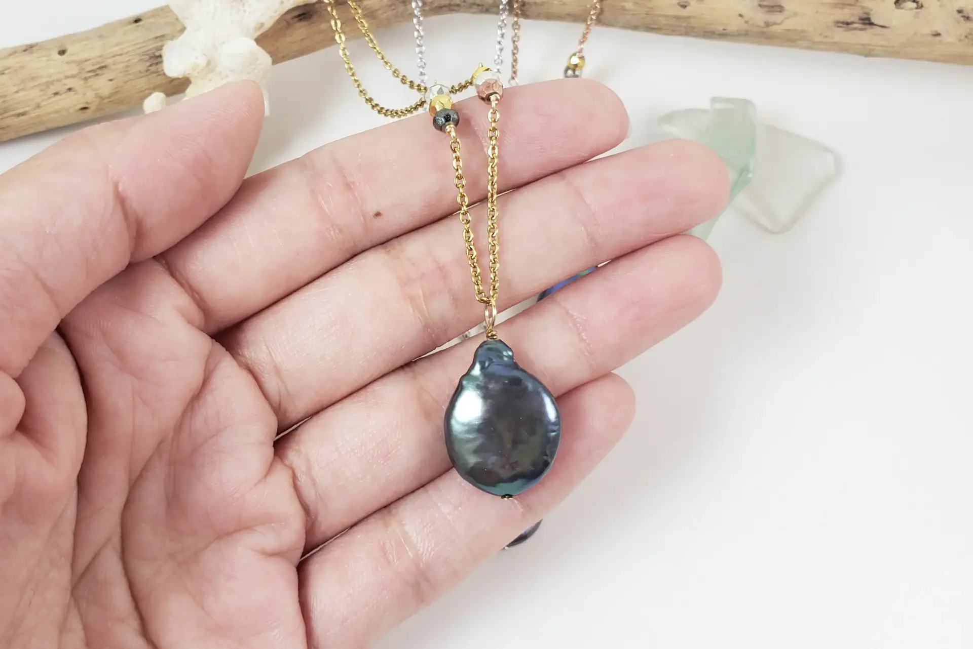 Black flameball coin freshwater pearl pyrite necklace - Image 6