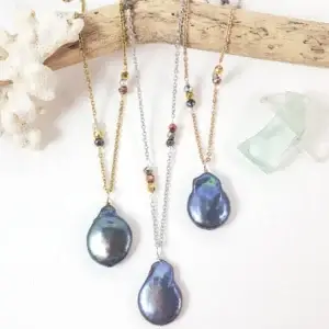 Black flameball coin freshwater pearl pyrite necklace