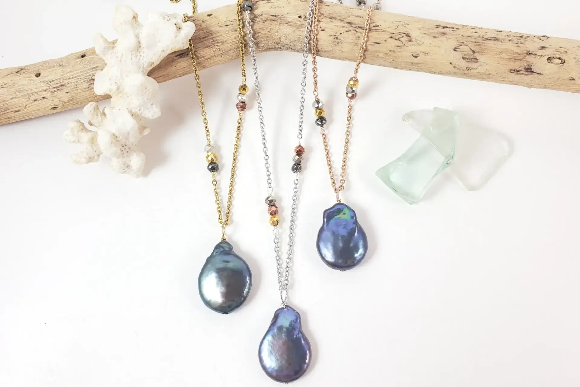 Black flameball coin freshwater pearl pyrite necklace