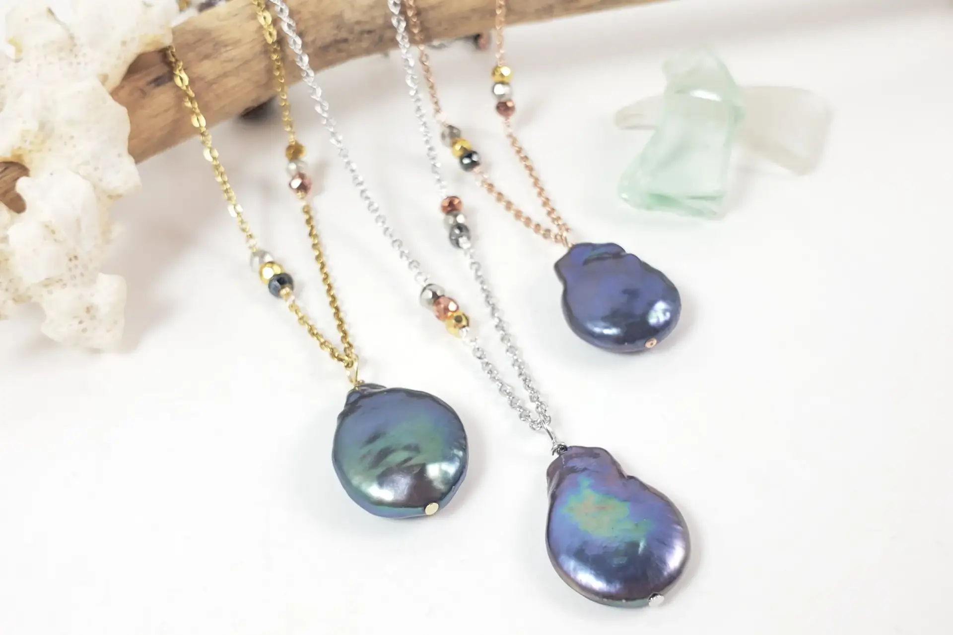 Black flameball coin freshwater pearl pyrite necklace - Image 3
