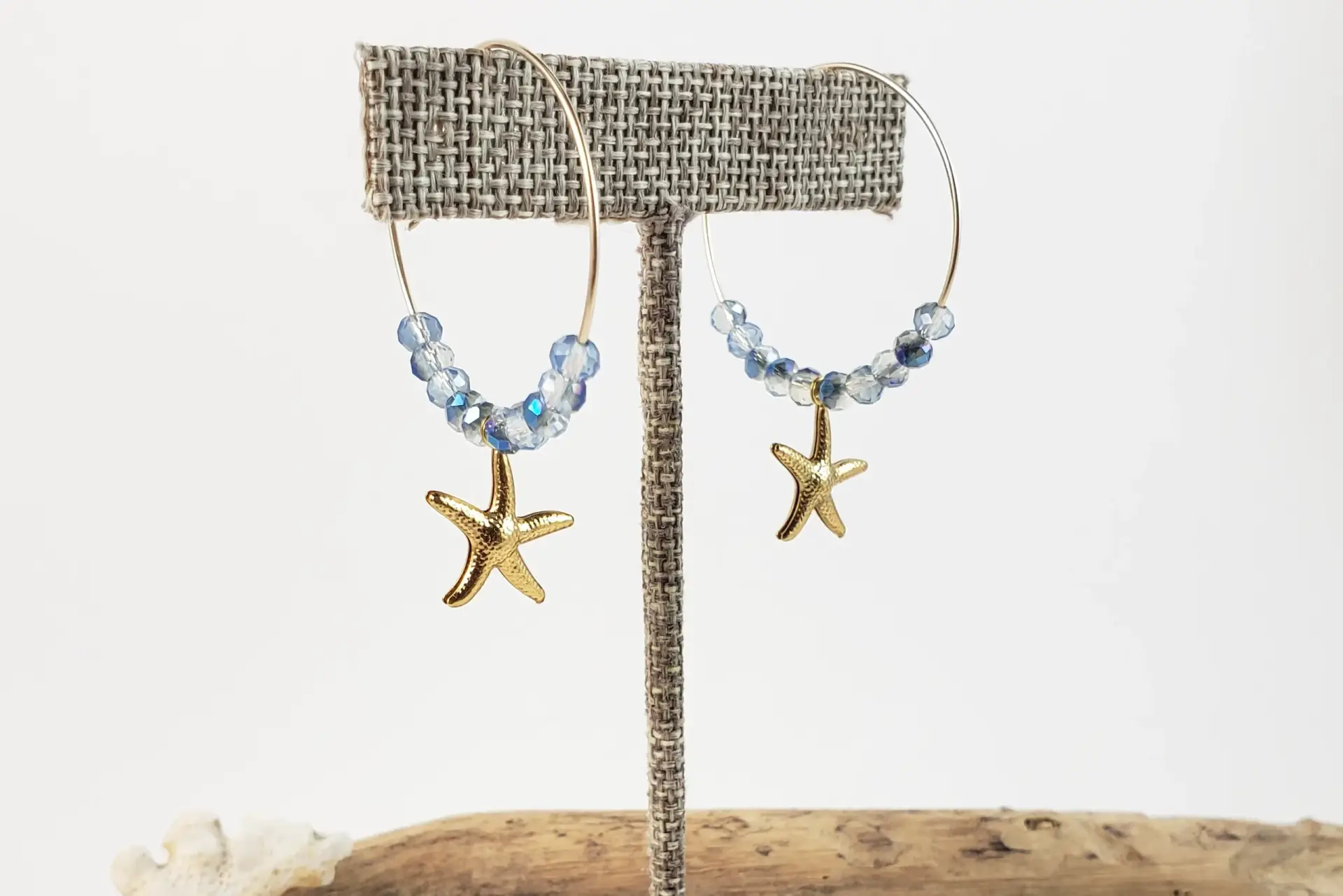Blue crystal and starfish on hoop earrings - Image 3
