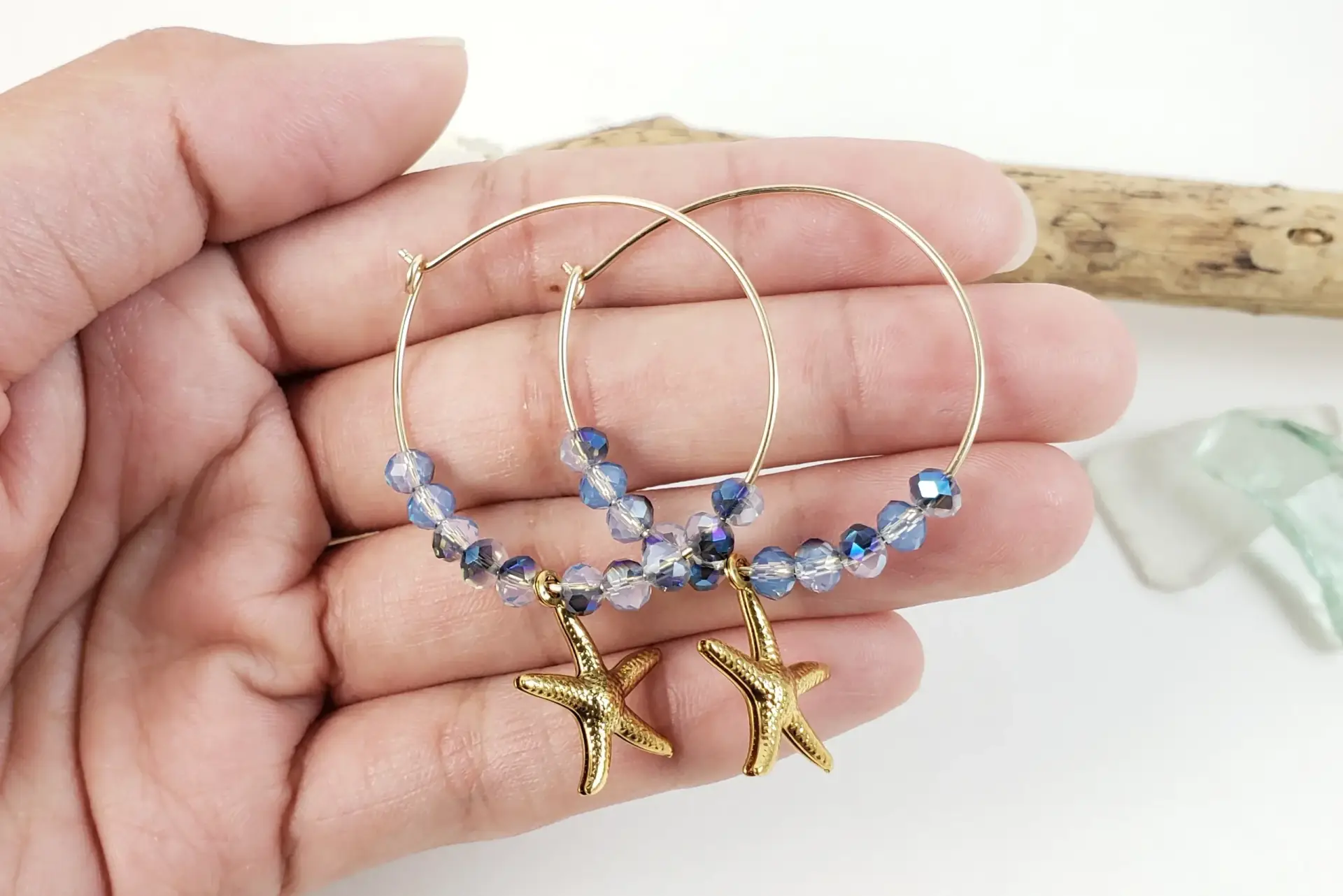 Blue crystal and starfish on hoop earrings - Image 2