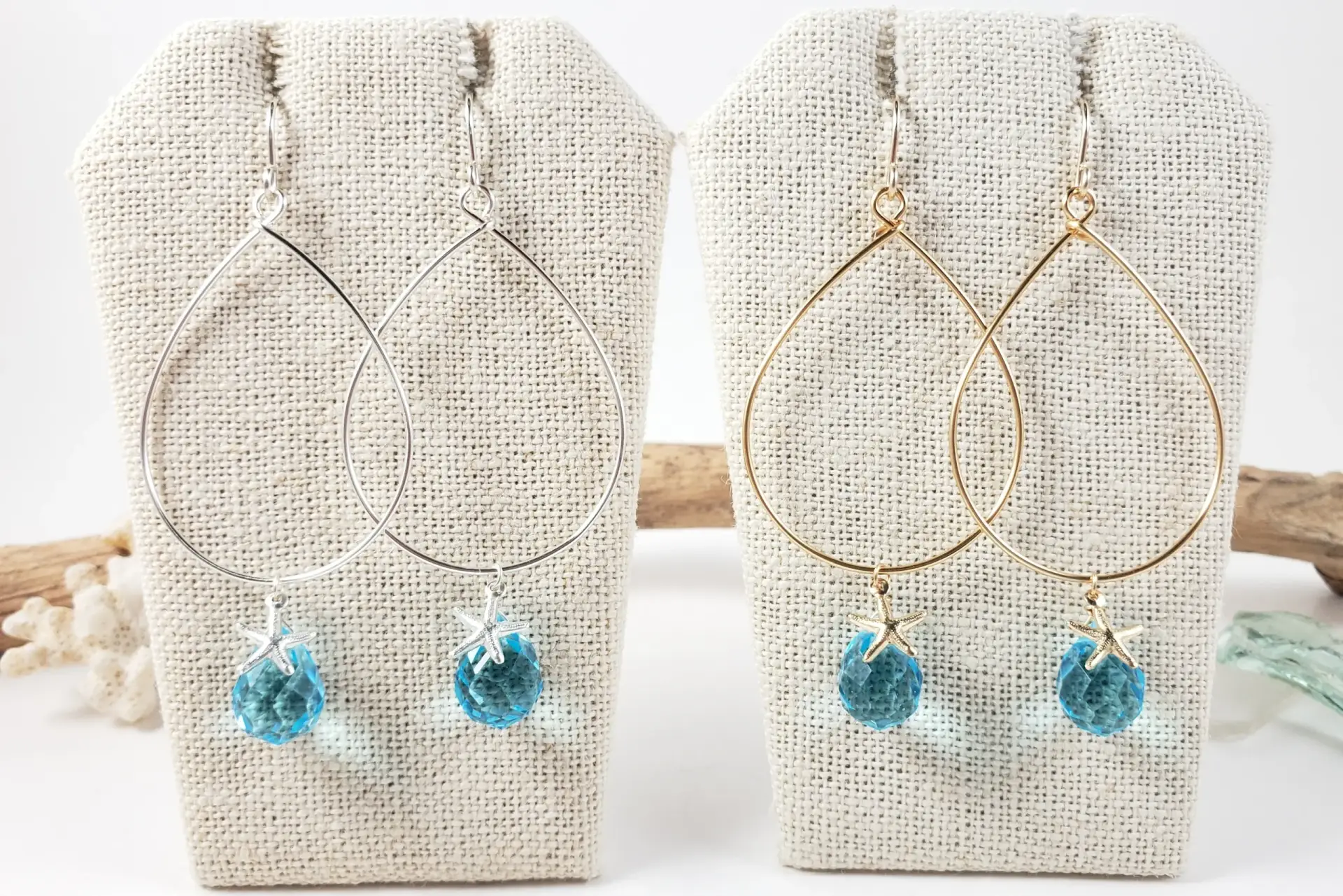 Blue crystal starfish teardrop earrings