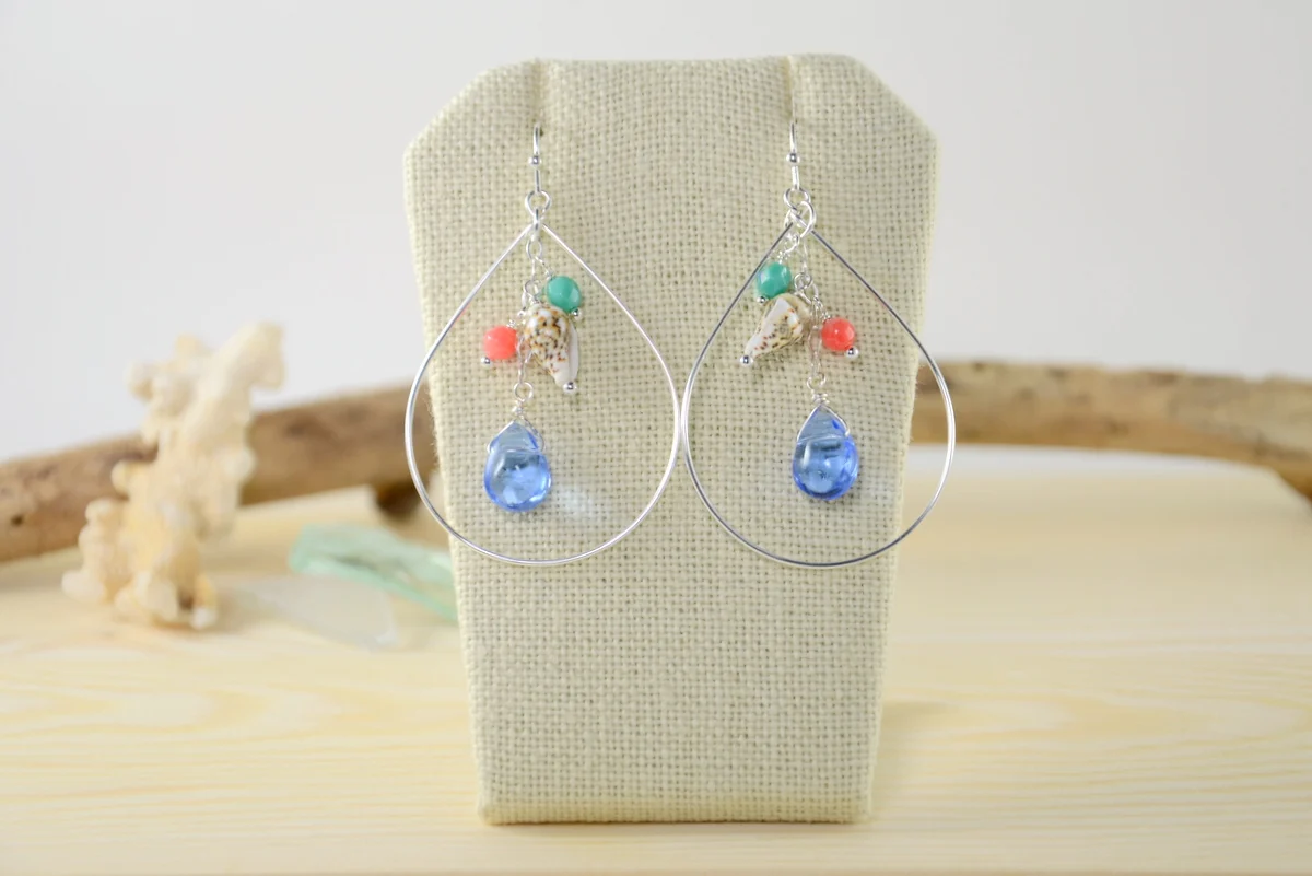 Blue glass pink coral teal bead silver teardrop earrings