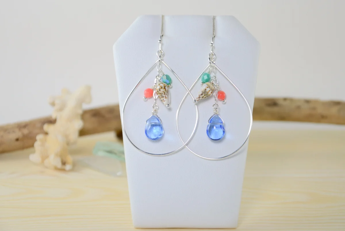 Blue glass pink coral teal bead silver teardrop earrings - Image 2