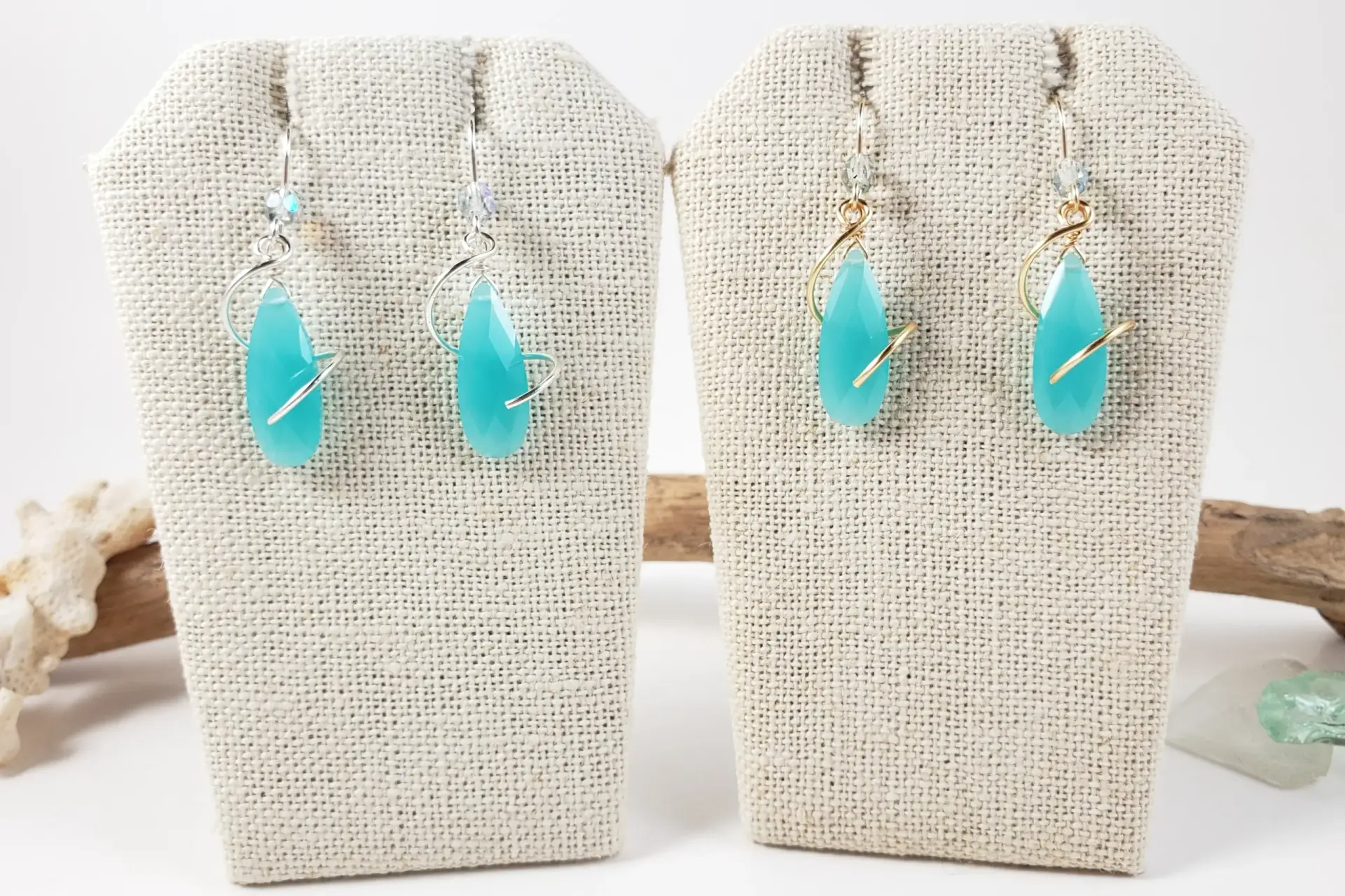Milky blue crystal spiral earrings in yellow gold, silver, or rose gold - Image 5